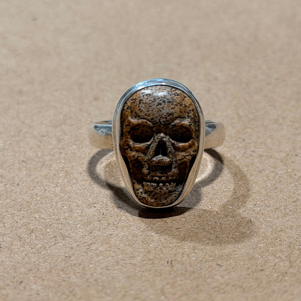 Sterling Skull Carved Stone Ring Sz 7