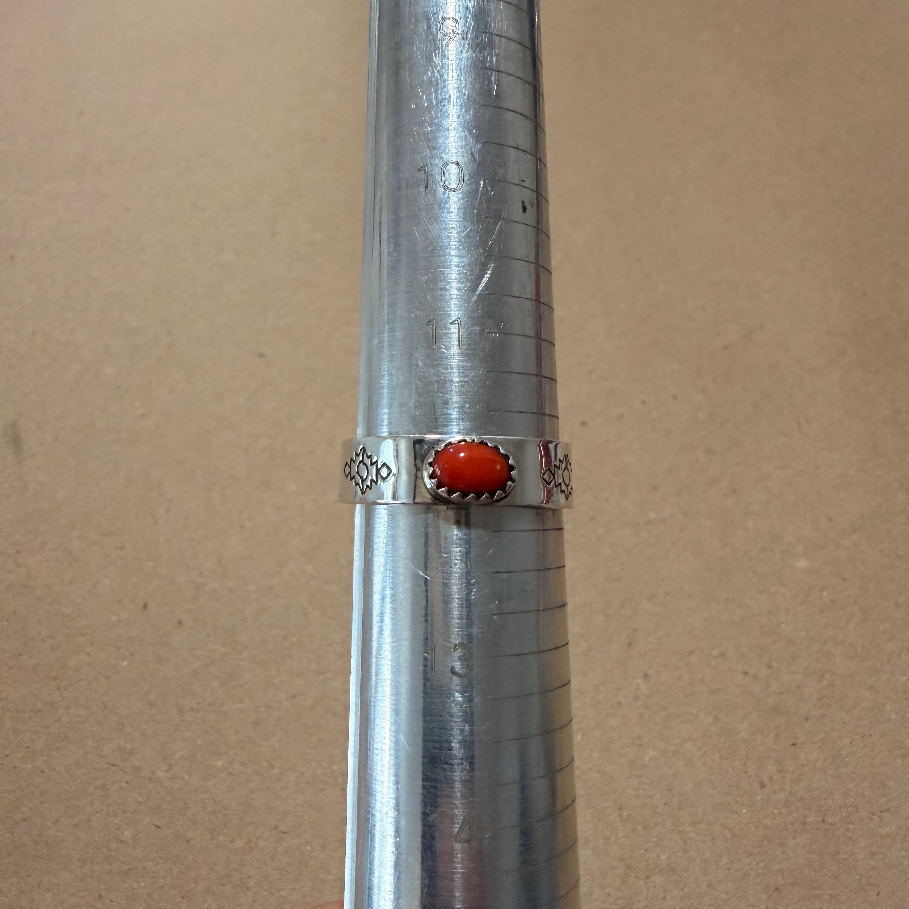 Coral & Sterling Navajo Adjustable Engraved Band Ring Sz 12