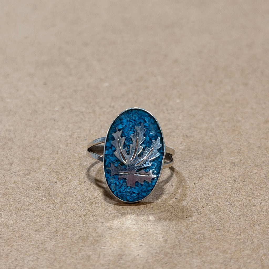 Sterling Crushed Turquoise Weed Leaf Ring Sz 6