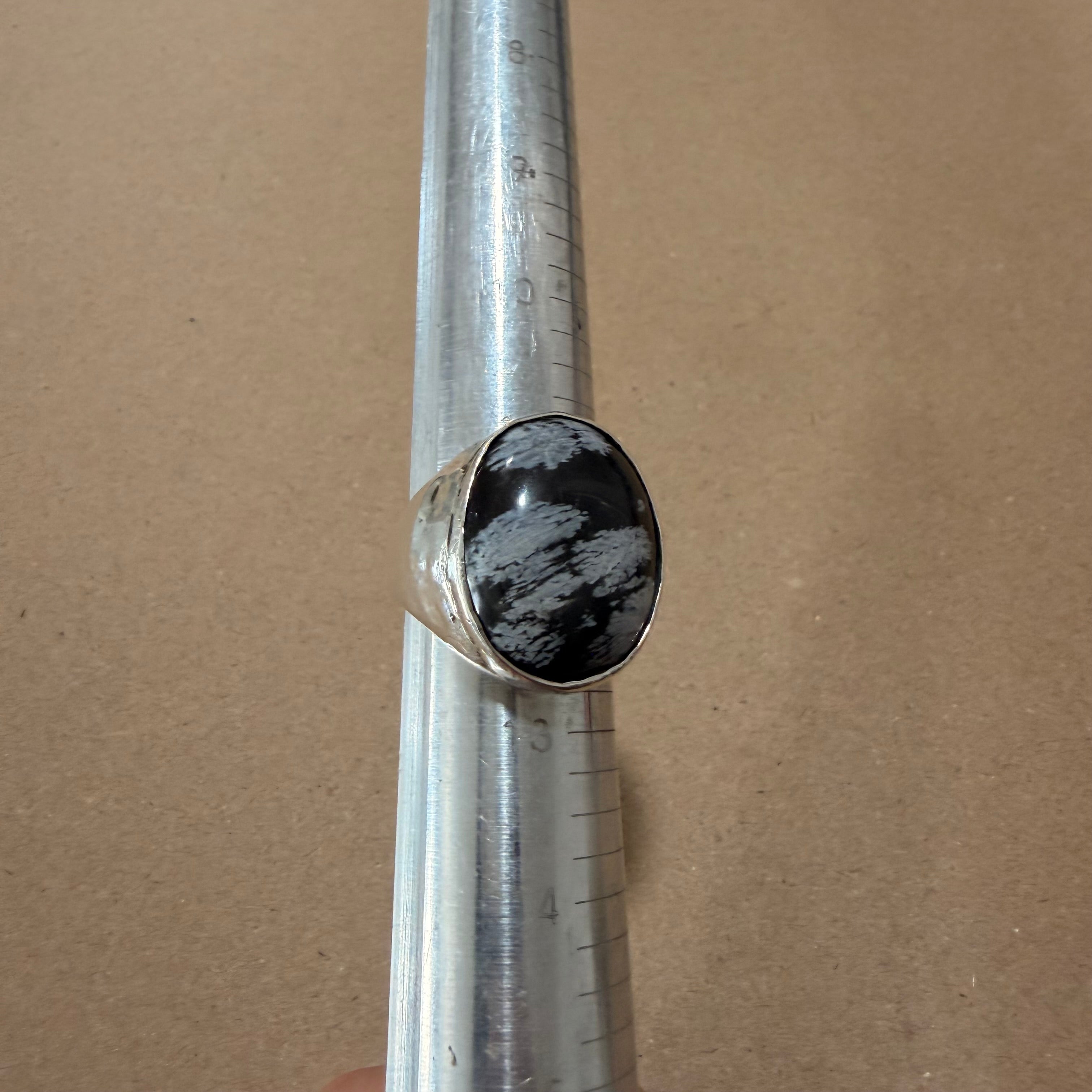 Massive Sterling Snowflake Obsidian Ring Sz 12