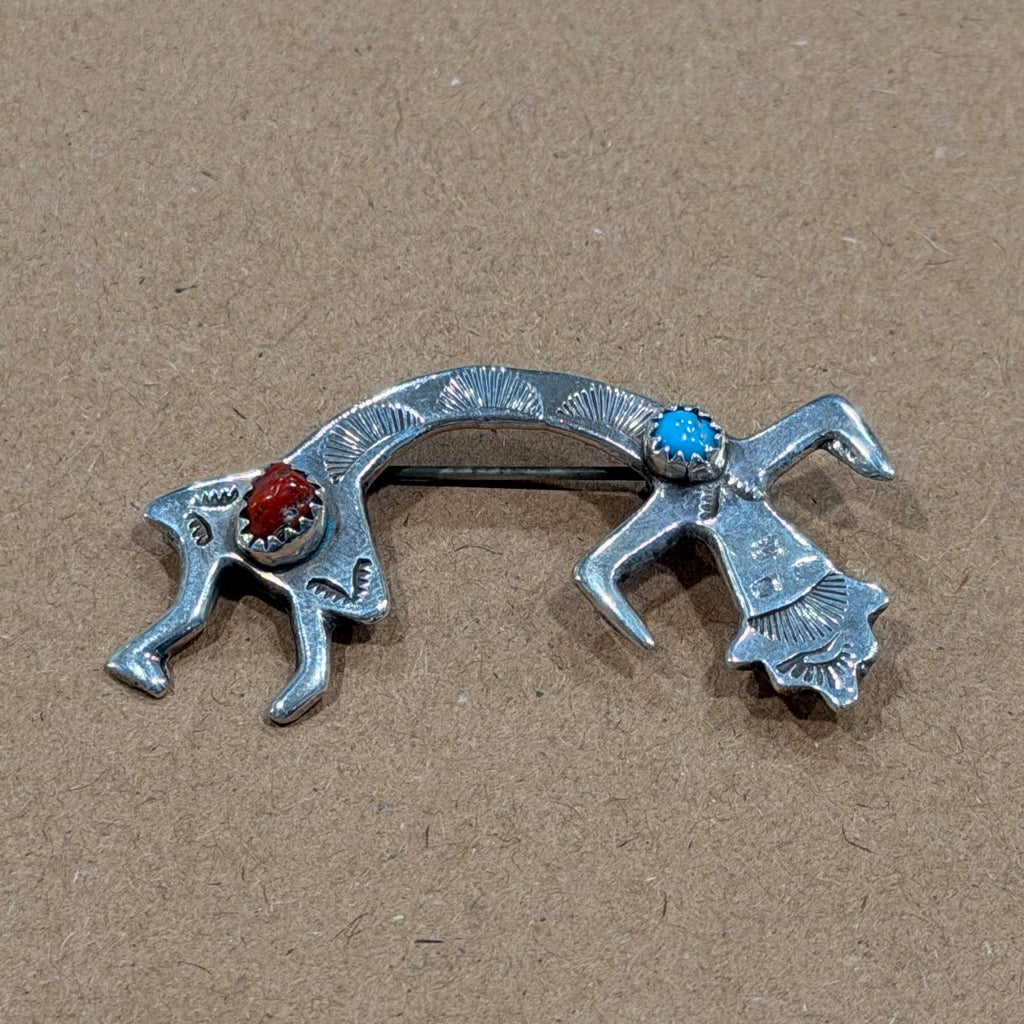 Sterling Navajo Coral & Turquoise Brooch 2 in.