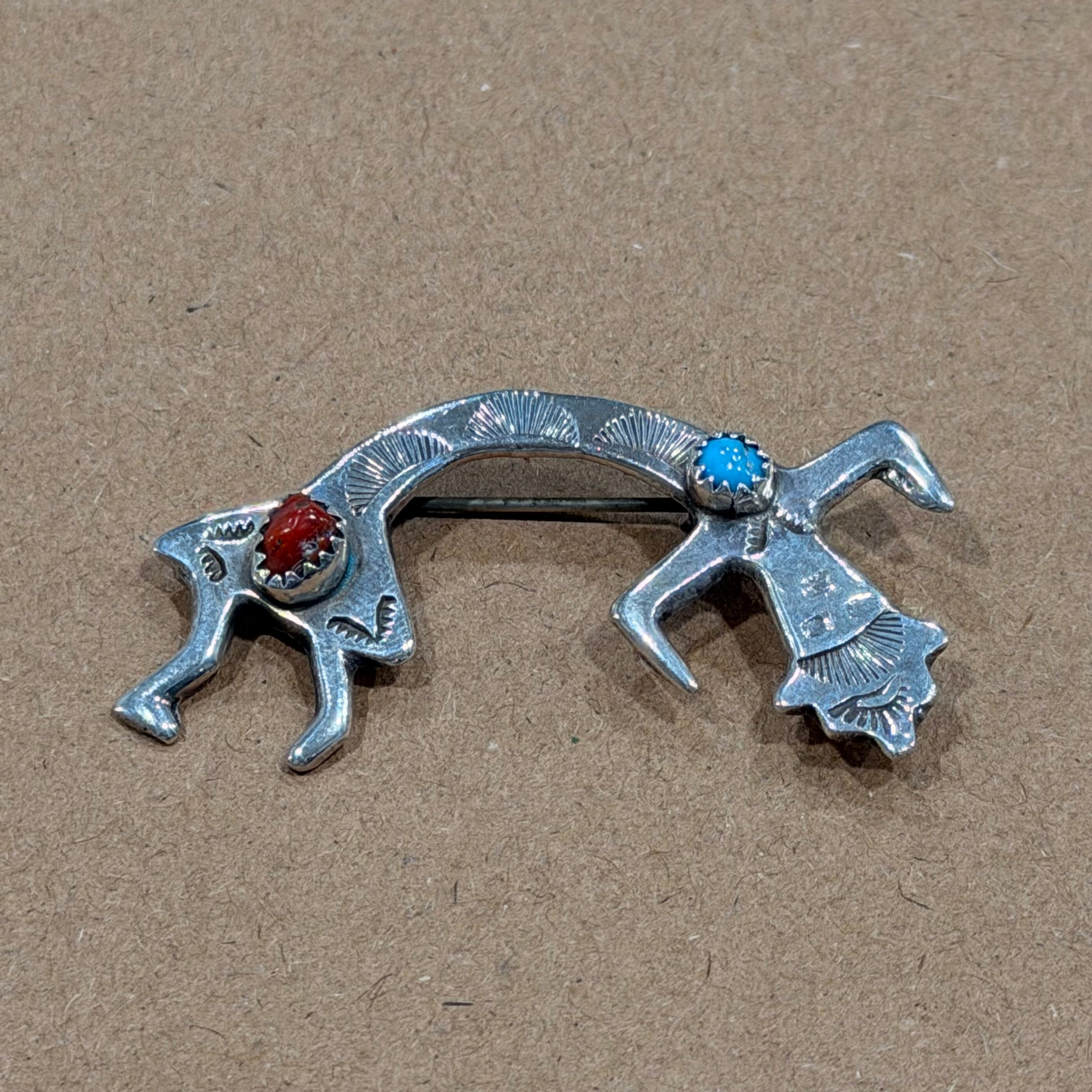 Sterling Navajo Coral & Turquoise Brooch 2 in.