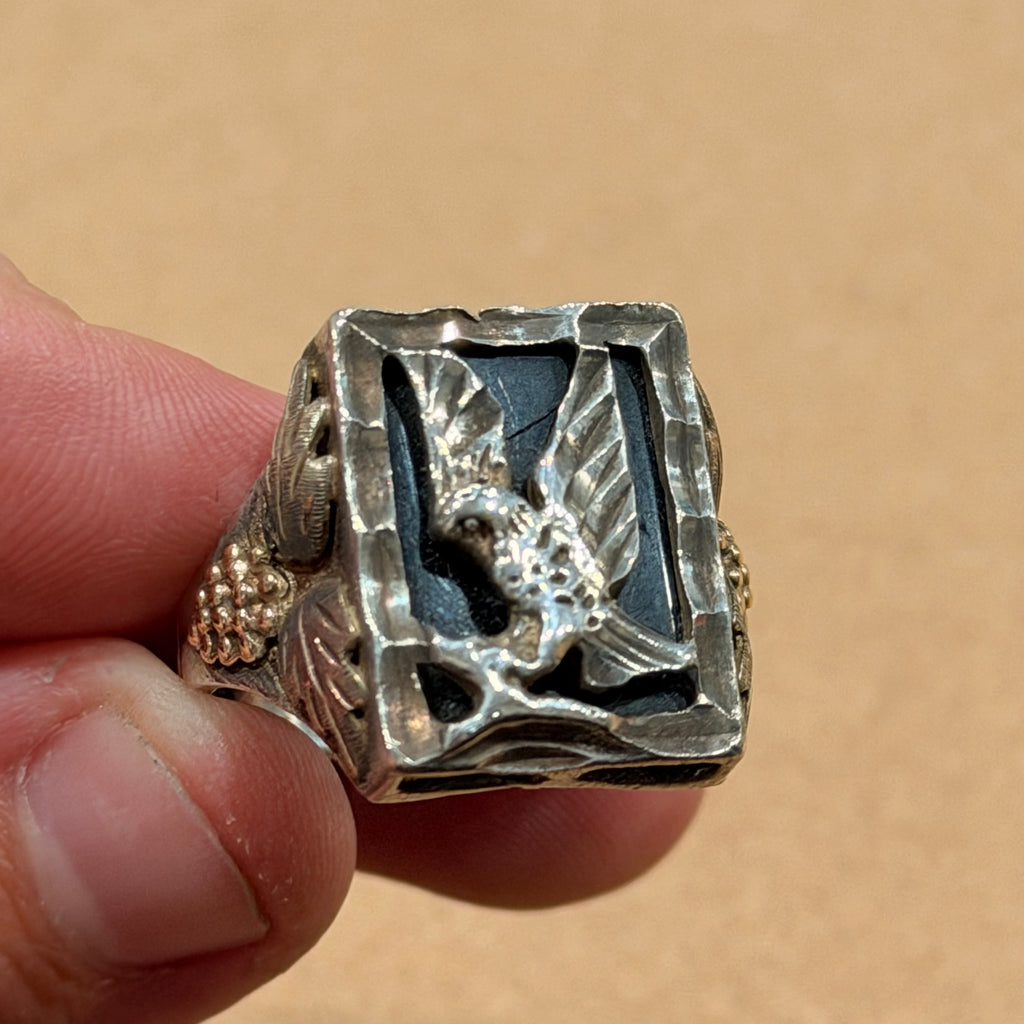 Sterling & 14k Gold Black Hills Onyx Eagle Ring Sz 11.5