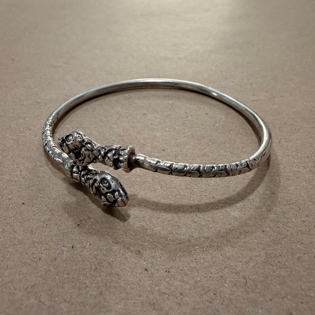 Sterling Snake Head Bypass Slip On Bangle Bracelet 8.5 in