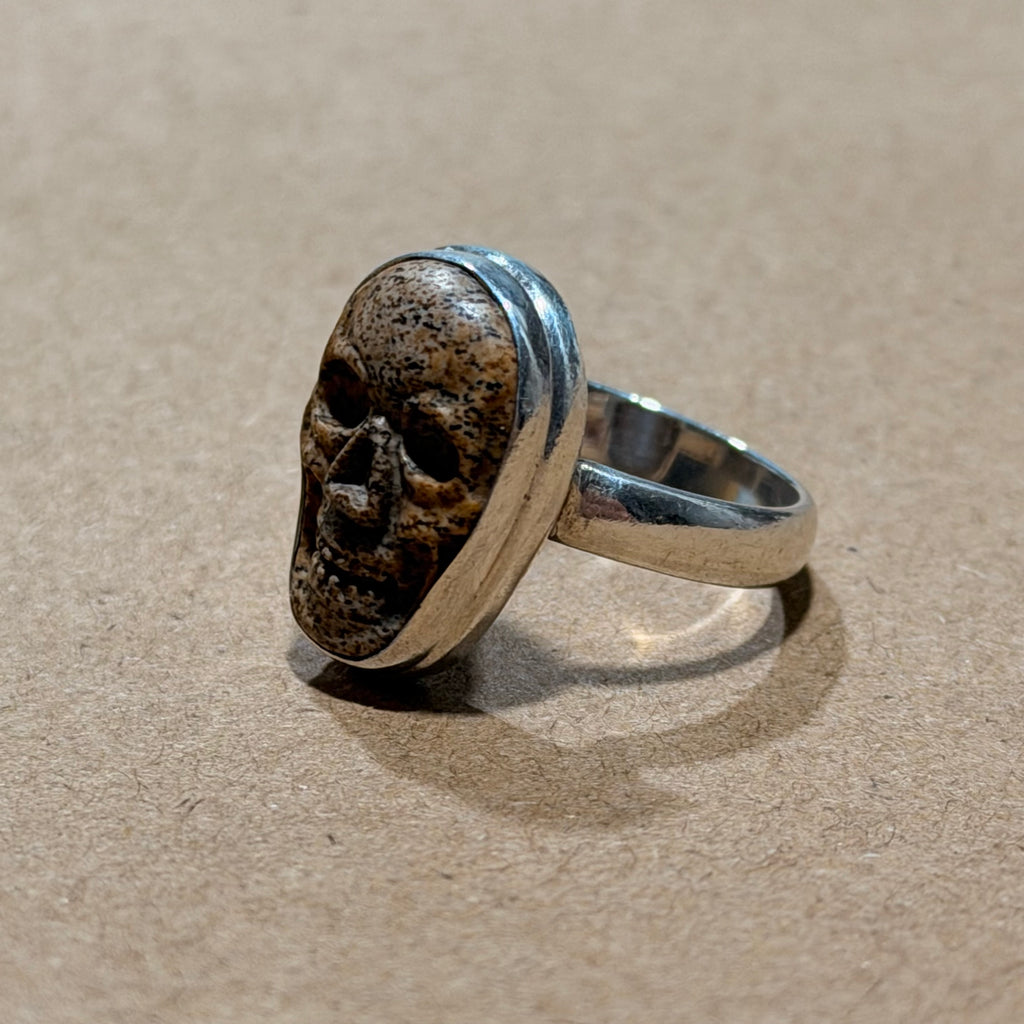 Sterling Skull Carved Stone Ring Sz 7