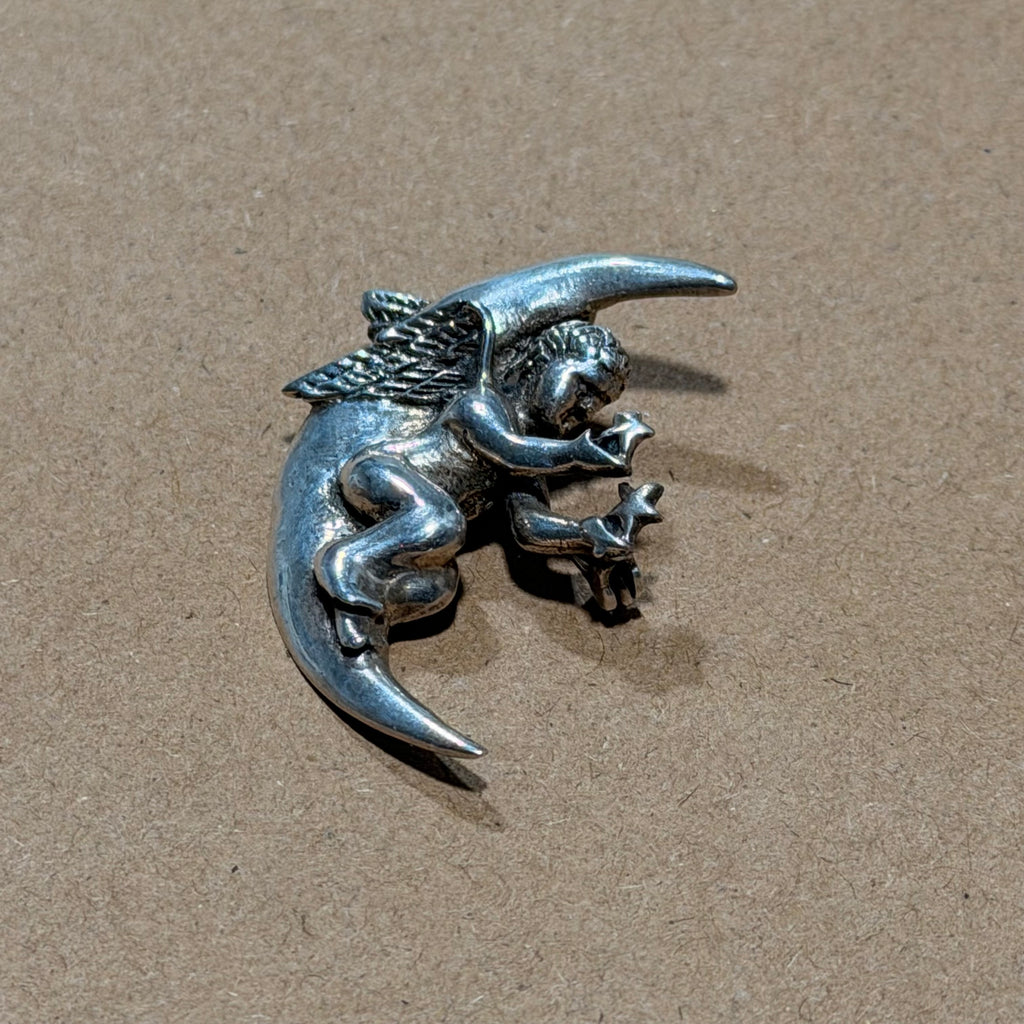 Sterling Cherub Crescent Moon Pendant & Brooch