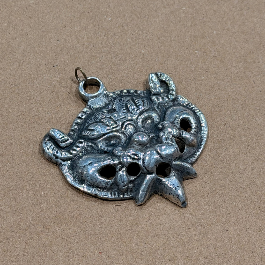 Massive Solid Sterling Tibetan Tiger Head Pendant 2 in.