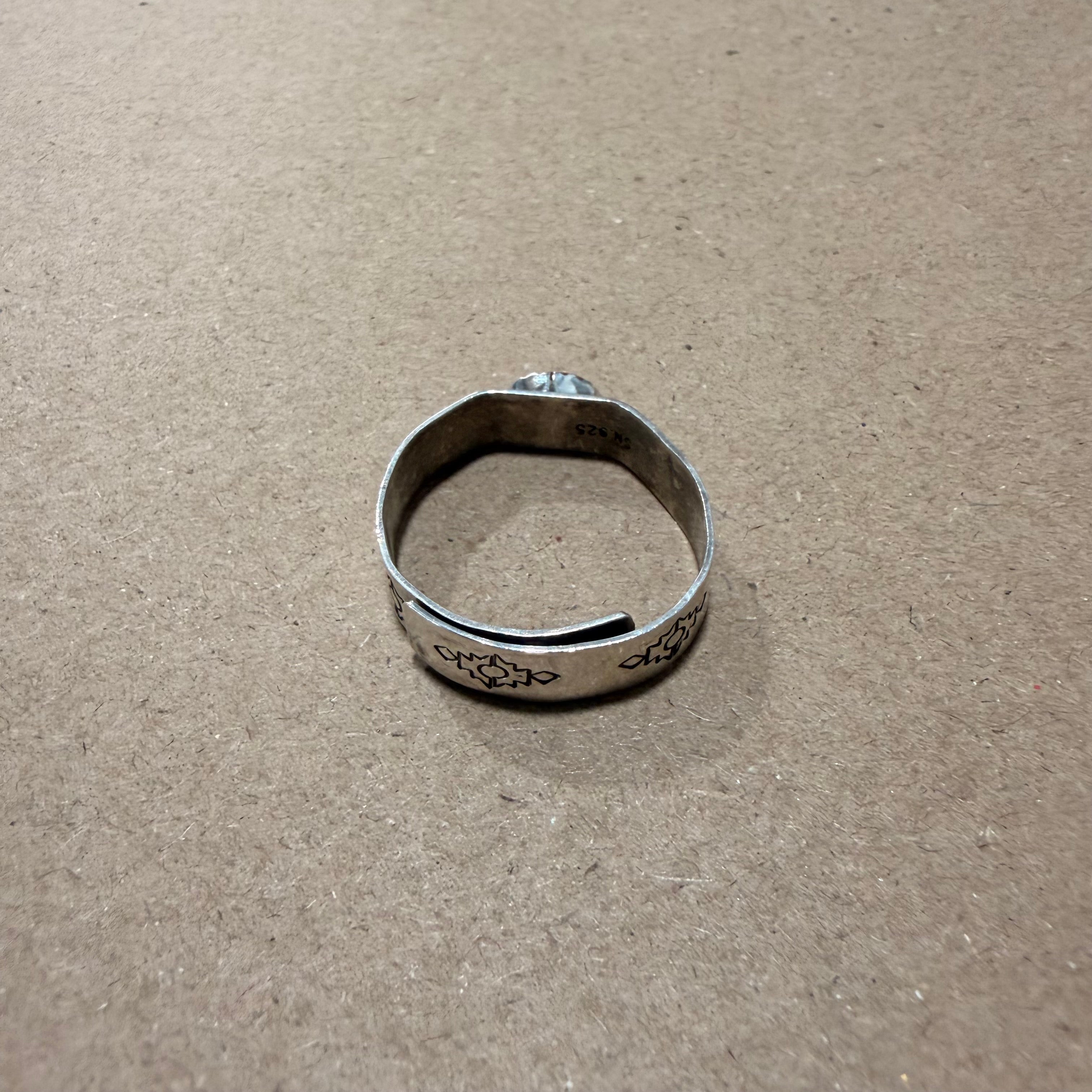 Coral & Sterling Navajo Adjustable Engraved Band Ring Sz 12