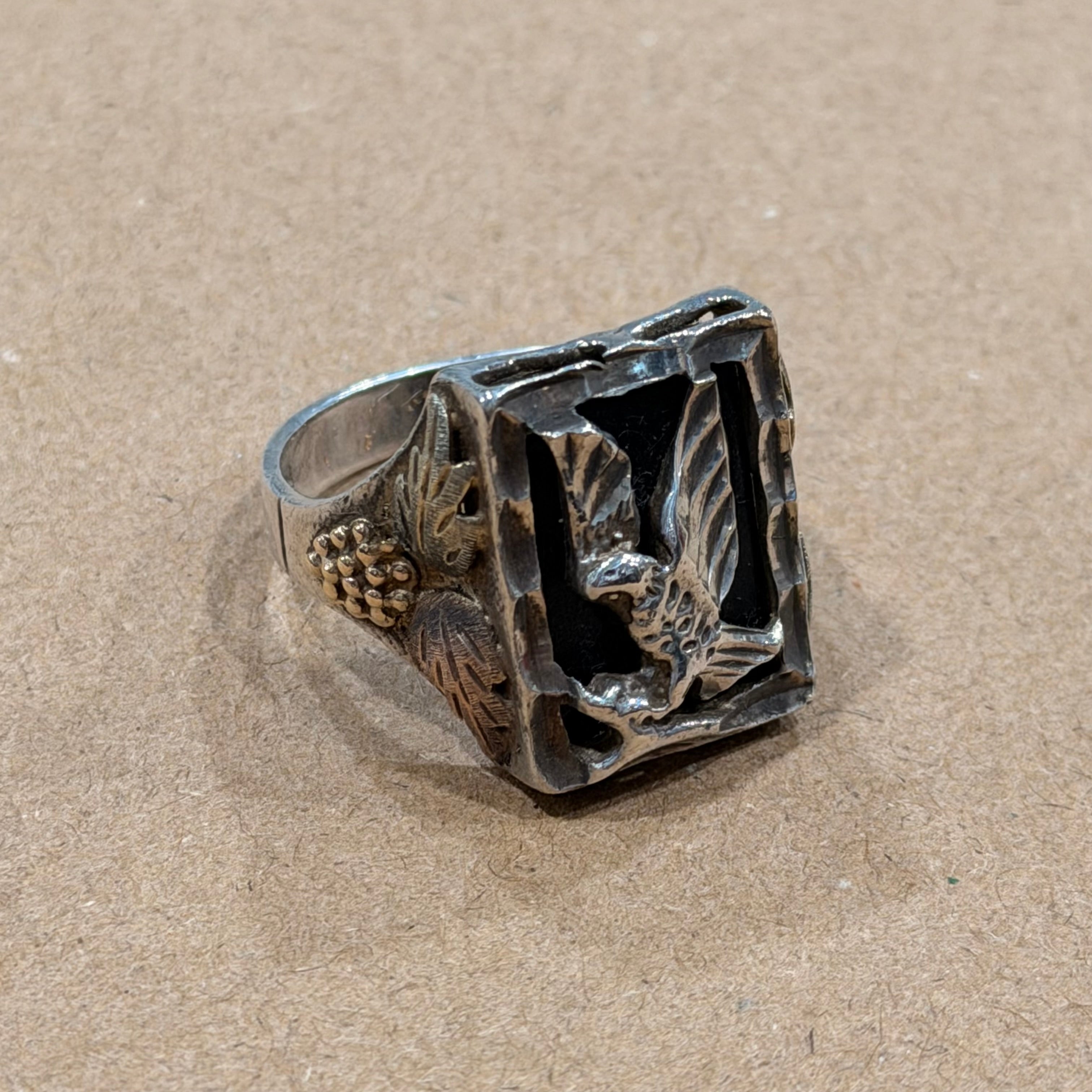 Sterling & 14k Gold Black Hills Onyx Eagle Ring Sz 11.5