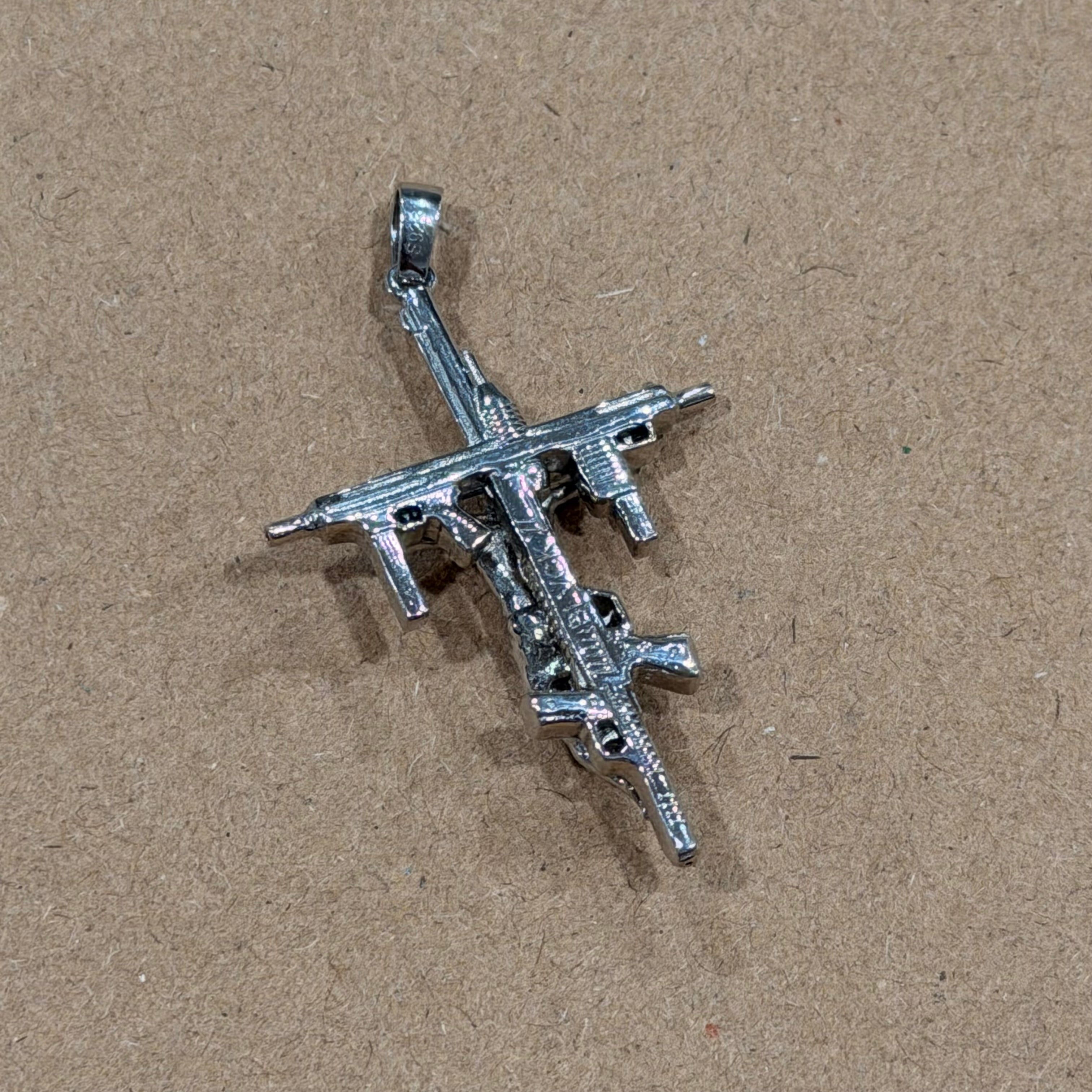 Sterling Crucifix Guns Double Sided Pendant 1.5 in