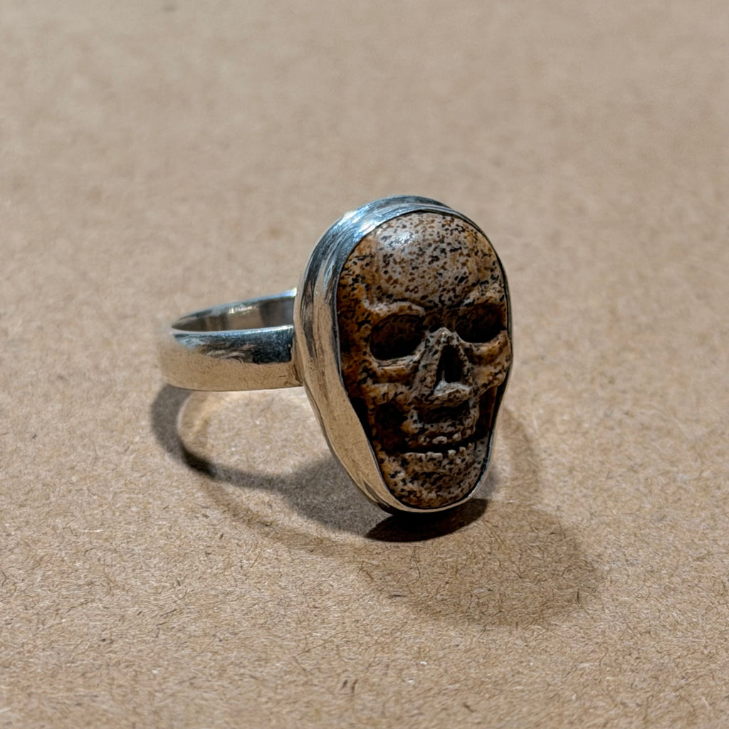 Sterling Skull Carved Stone Ring Sz 7