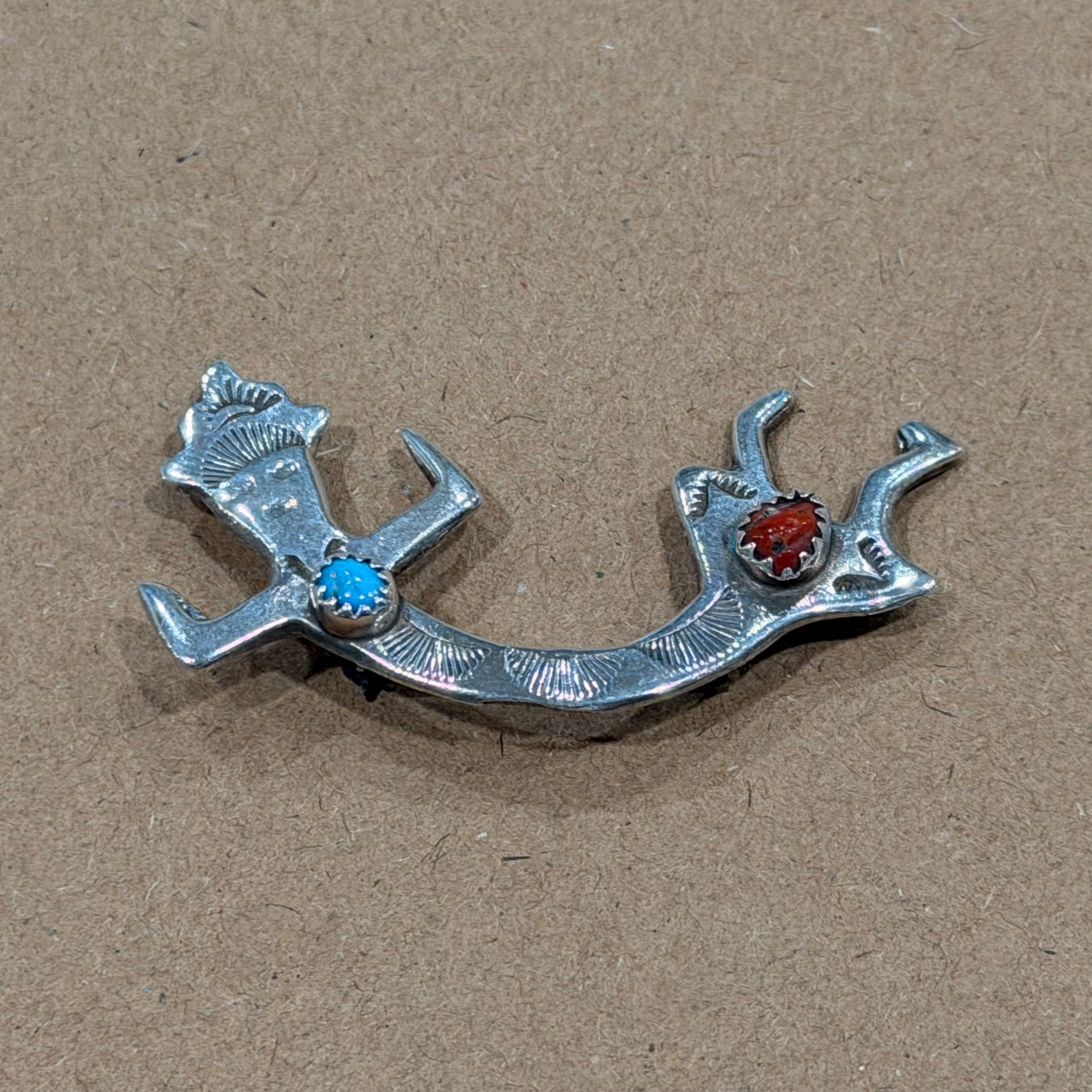 Sterling Navajo Coral & Turquoise Brooch 2 in.