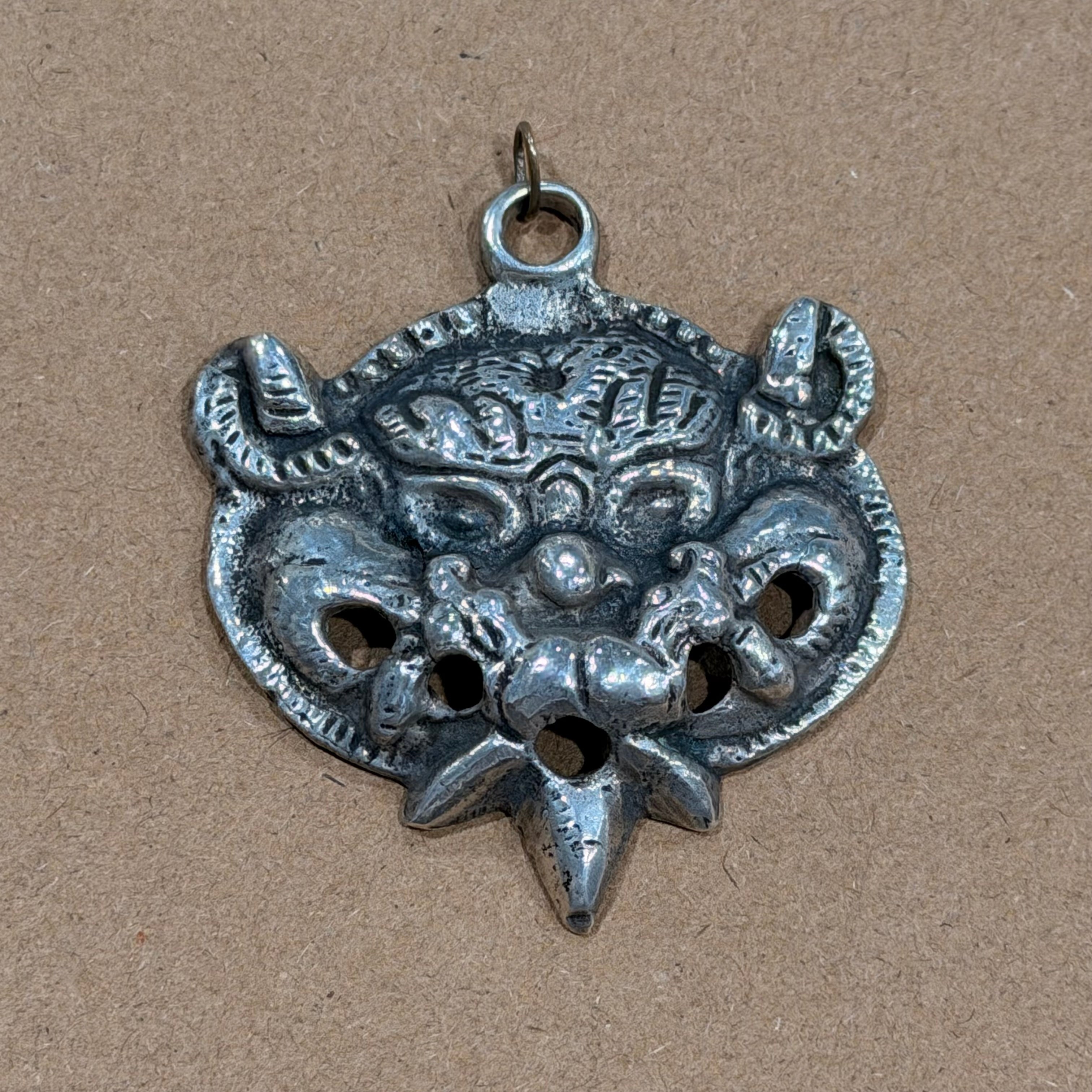 Massive Solid Sterling Tibetan Tiger Head Pendant 2 in.