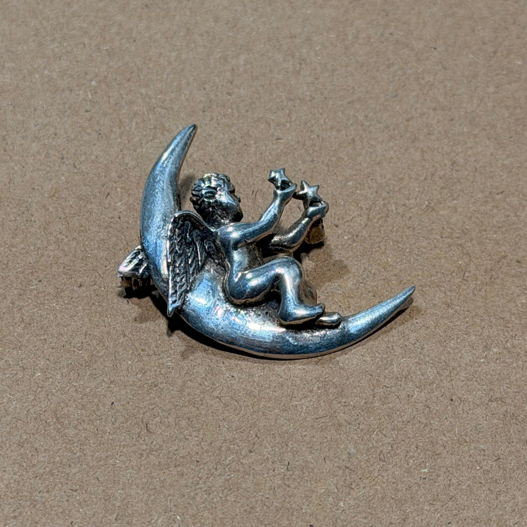 Sterling Cherub Crescent Moon Pendant & Brooch