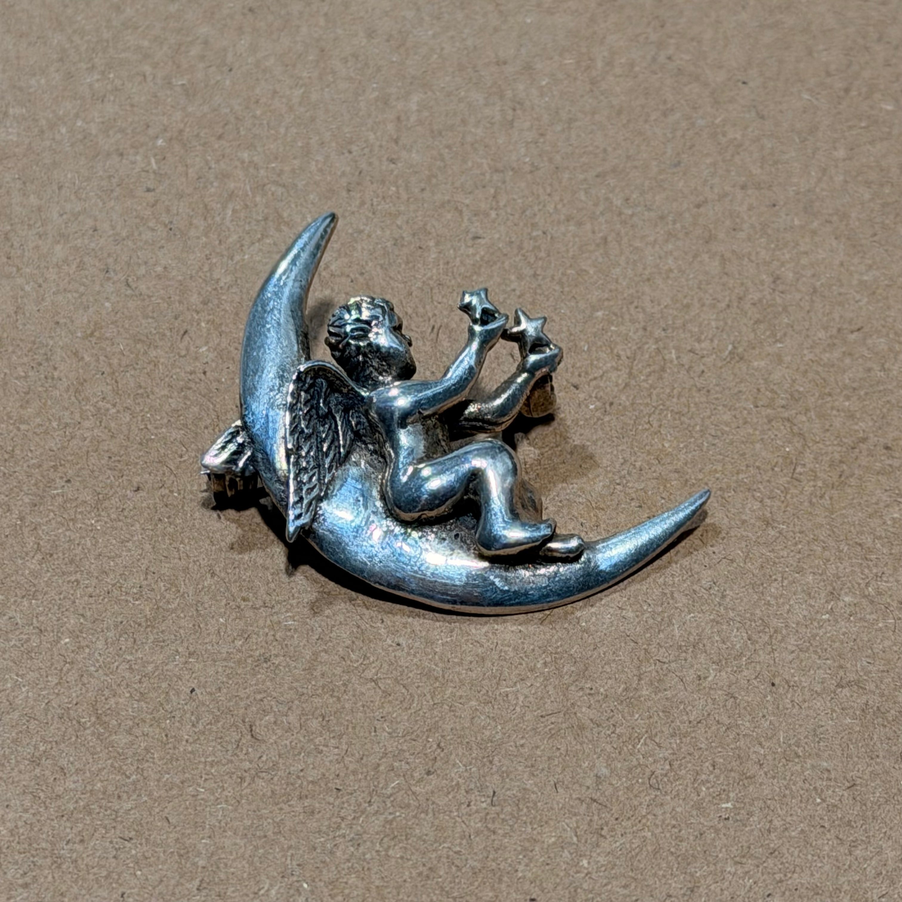 Sterling Cherub Crescent Moon Pendant & Brooch