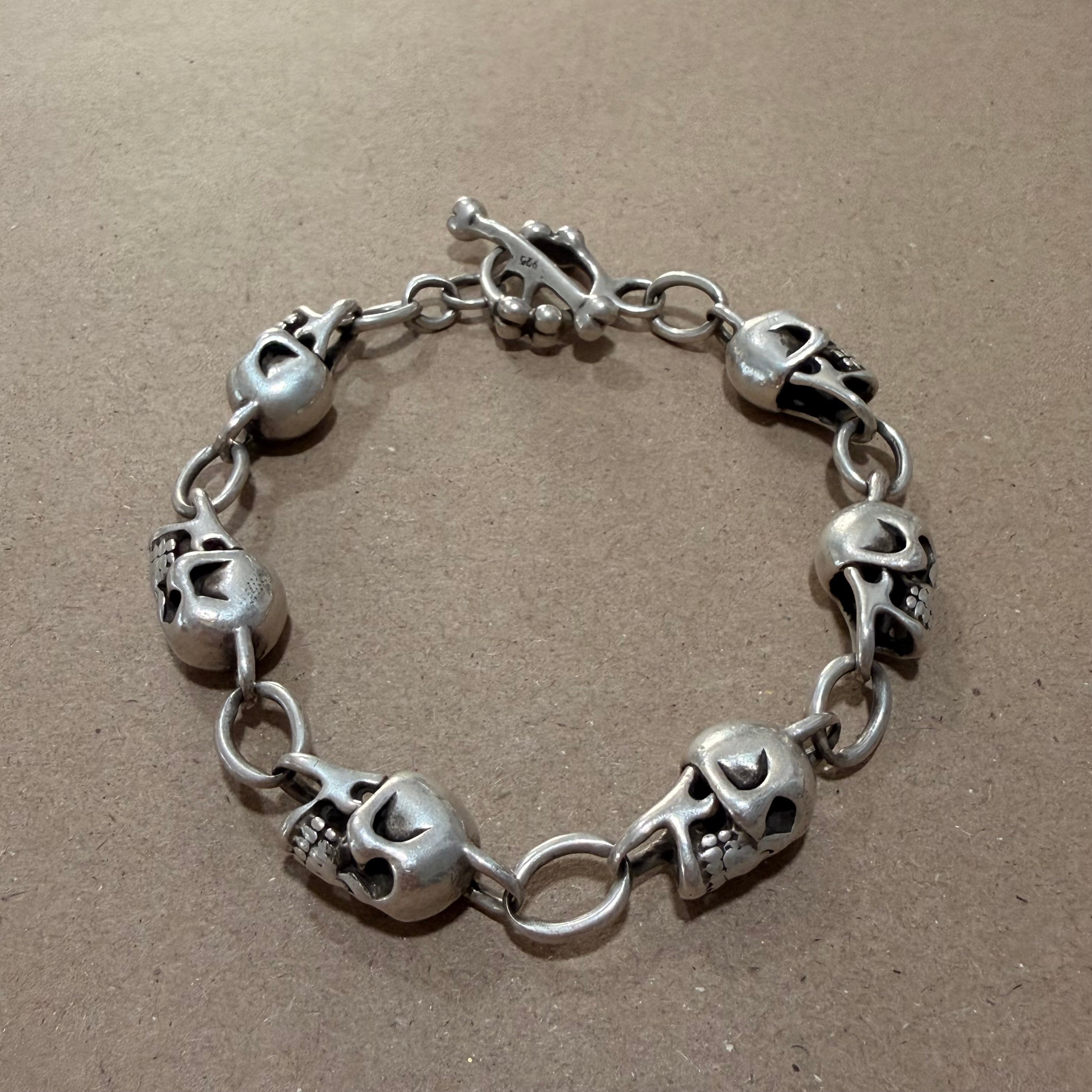 Massive Sterling Skull Link Bracelet 10.5 in