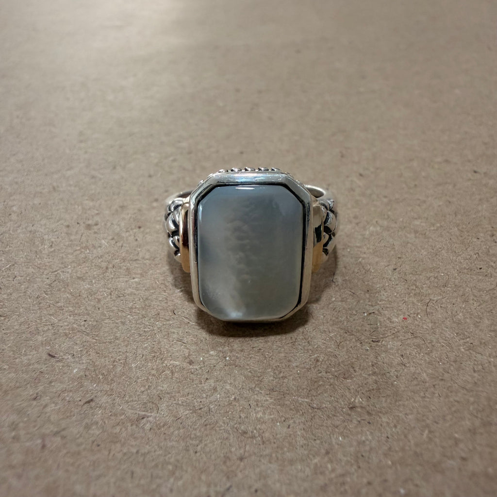 Mother Of Pearl Sterling & 14K Gold Ornate Ring Sz 7