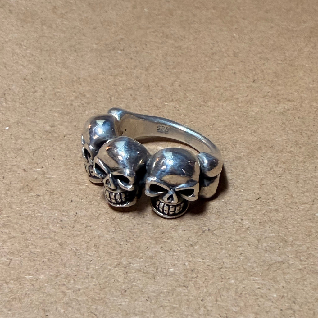 Sterling Triple Skull Biker Ring Sz 8