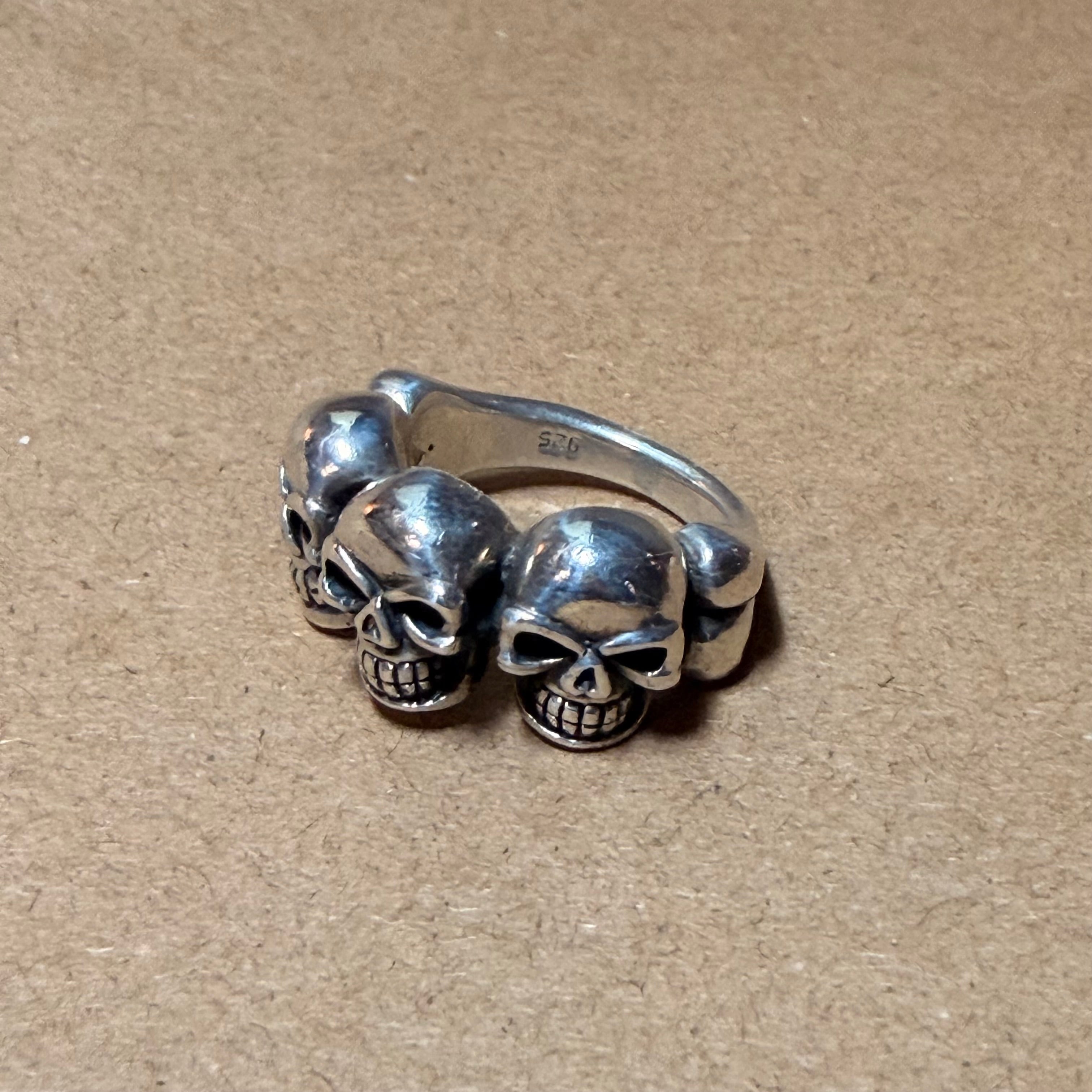 Sterling Triple Skull Biker Ring Sz 8