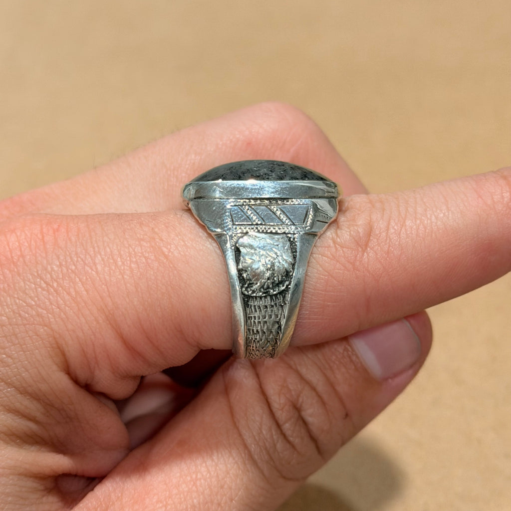 Sterling Dendritic Agate Engraved Ring Sz 10.5