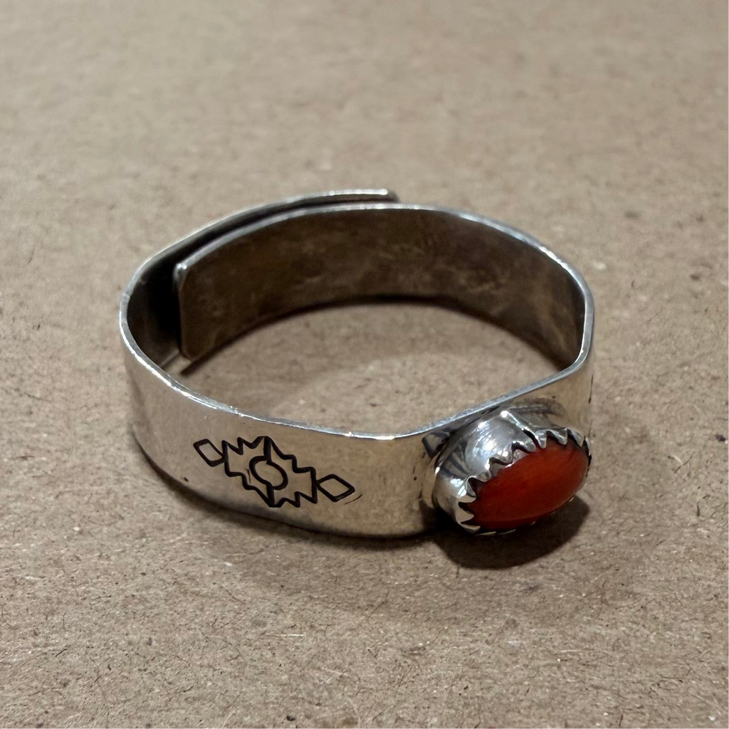 Coral & Sterling Navajo Adjustable Engraved Band Ring Sz 12