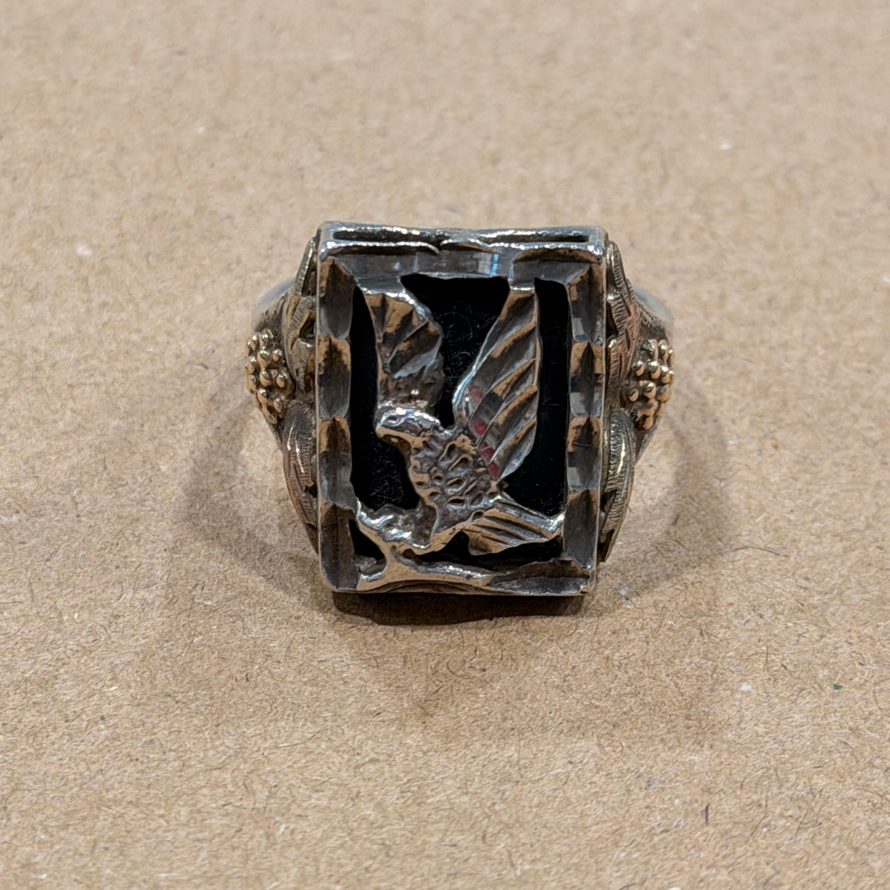 Sterling & 14k Gold Black Hills Onyx Eagle Ring Sz 11.5