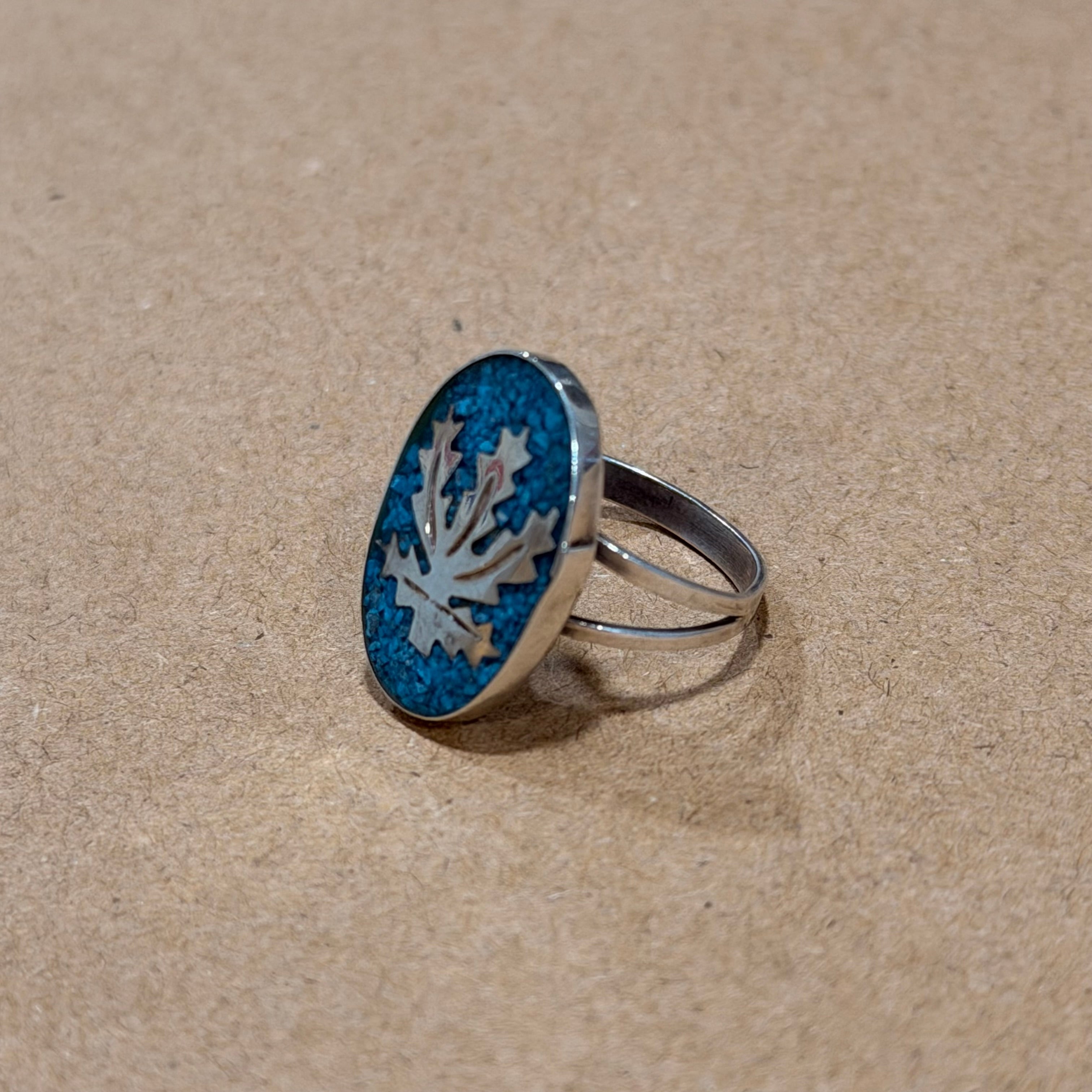 Sterling Crushed Turquoise Weed Leaf Ring Sz 6