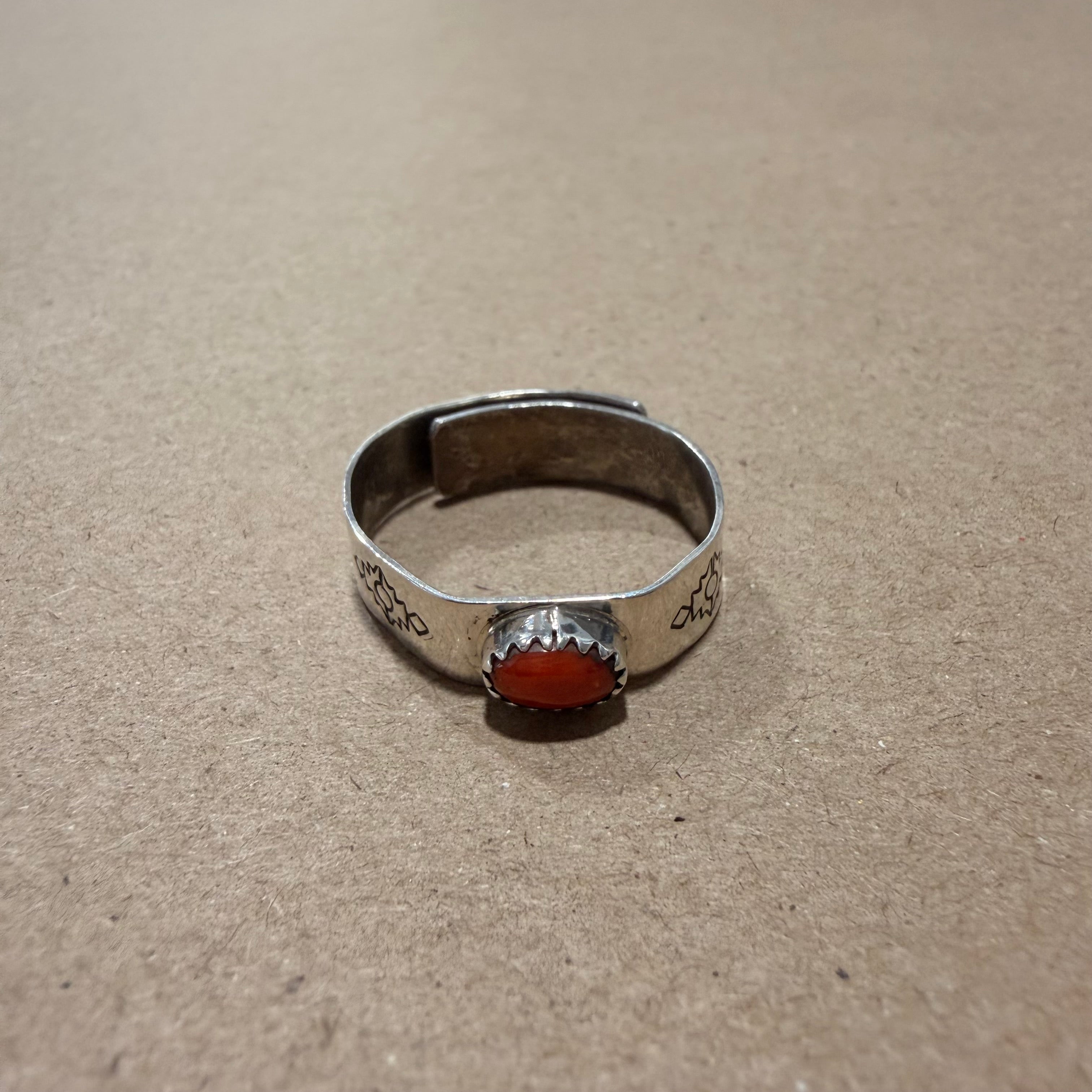 Coral & Sterling Navajo Adjustable Engraved Band Ring Sz 12