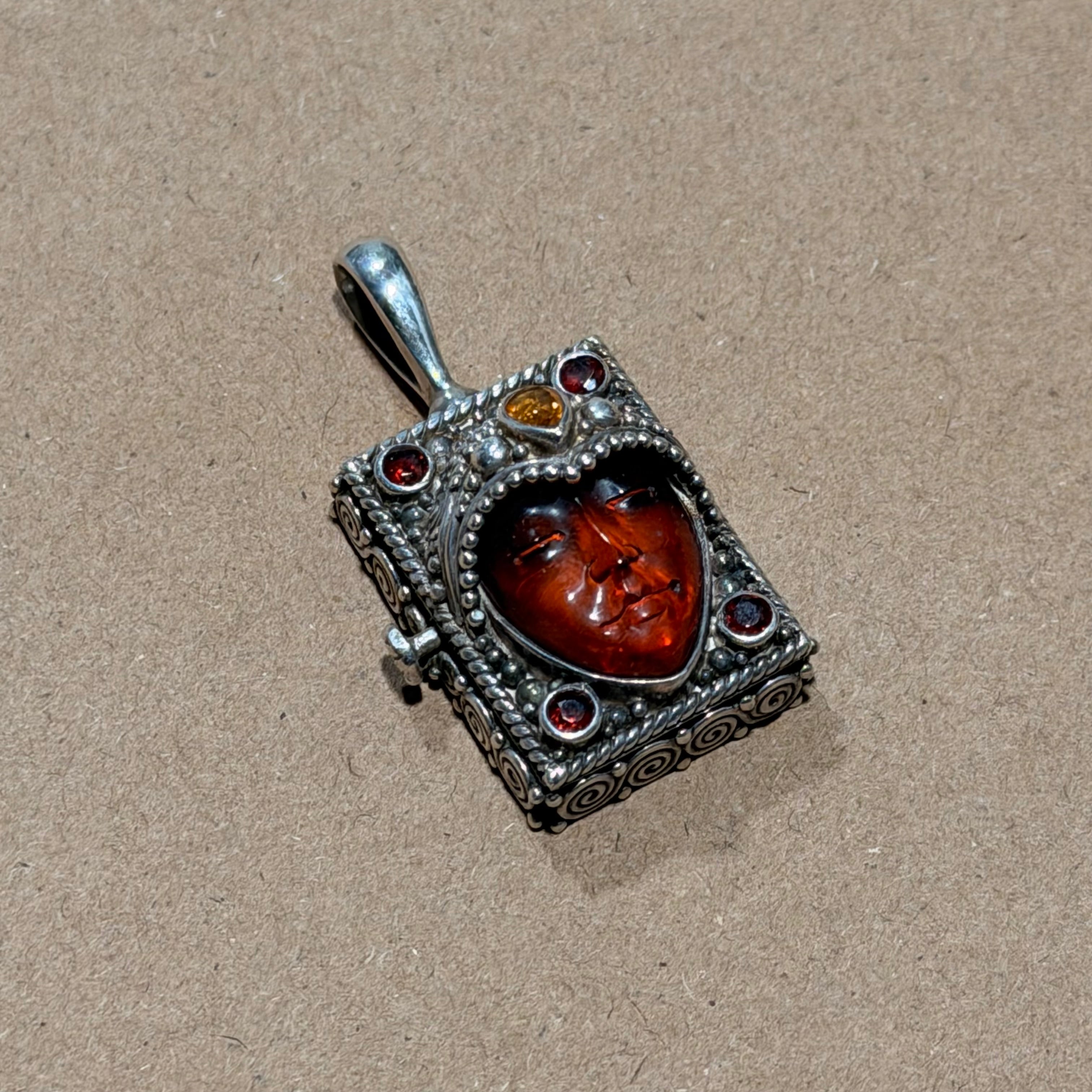 Sterling Goddess Locket Pendant W/ Amber, Garnet, & Citrine