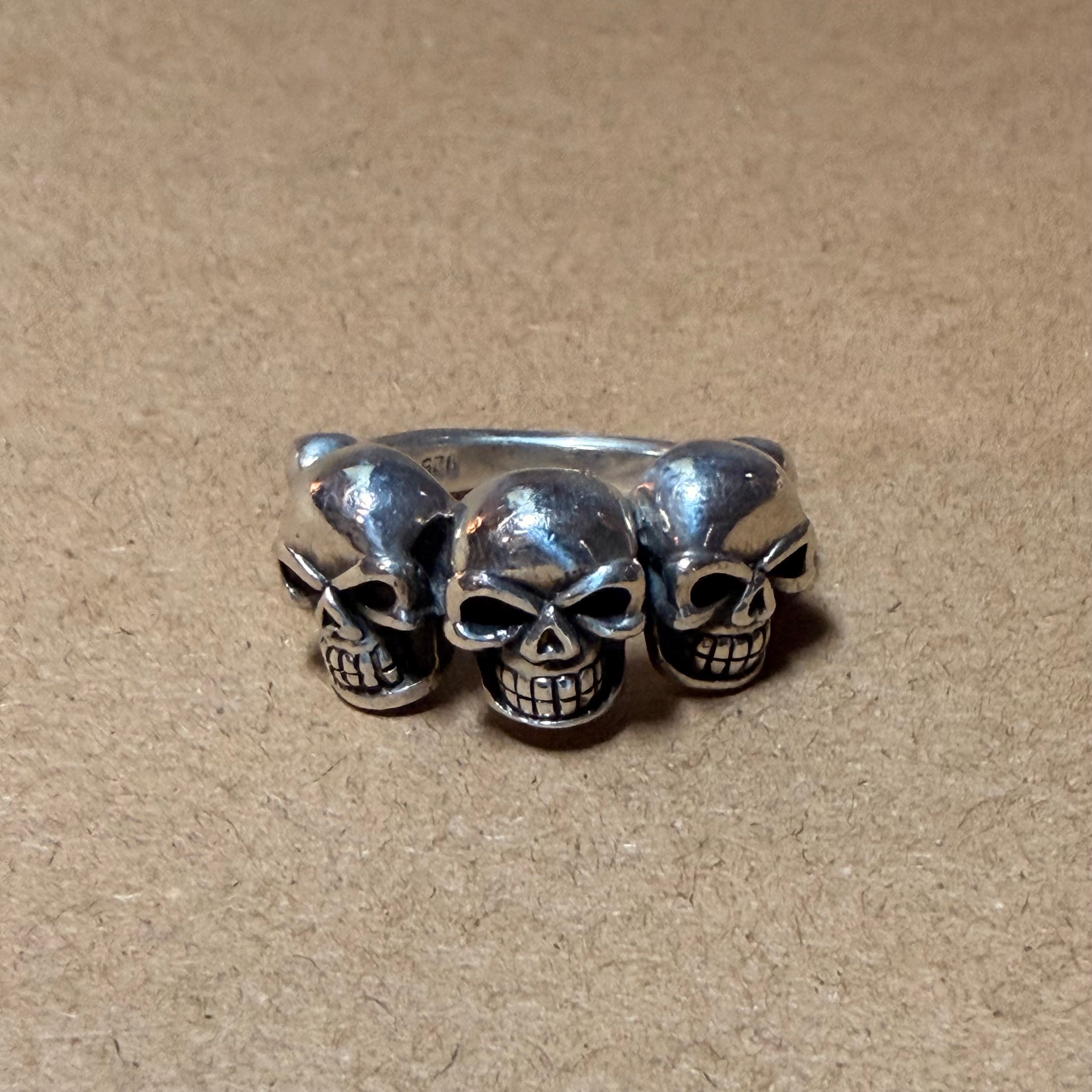 Sterling Triple Skull Biker Ring Sz 8
