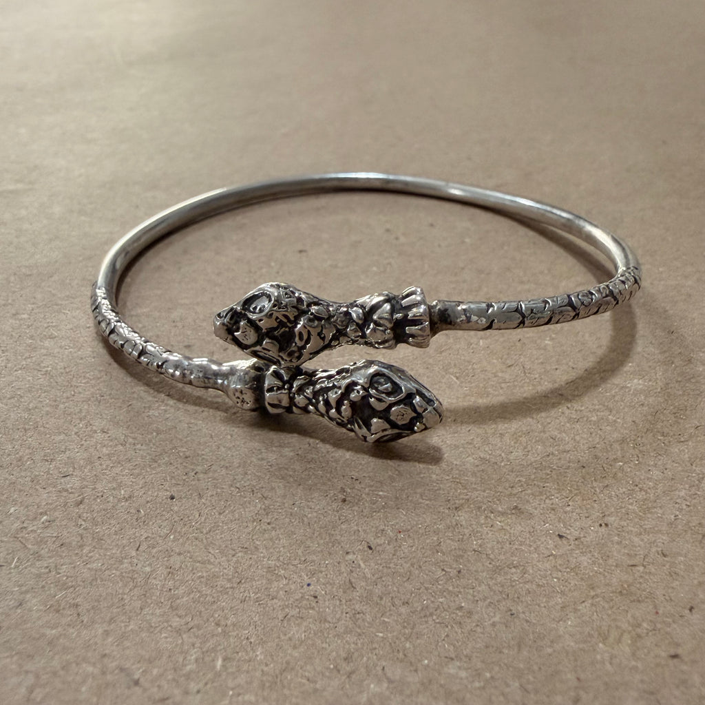 Sterling Snake Head Bypass Slip On Bangle Bracelet 8.5 in