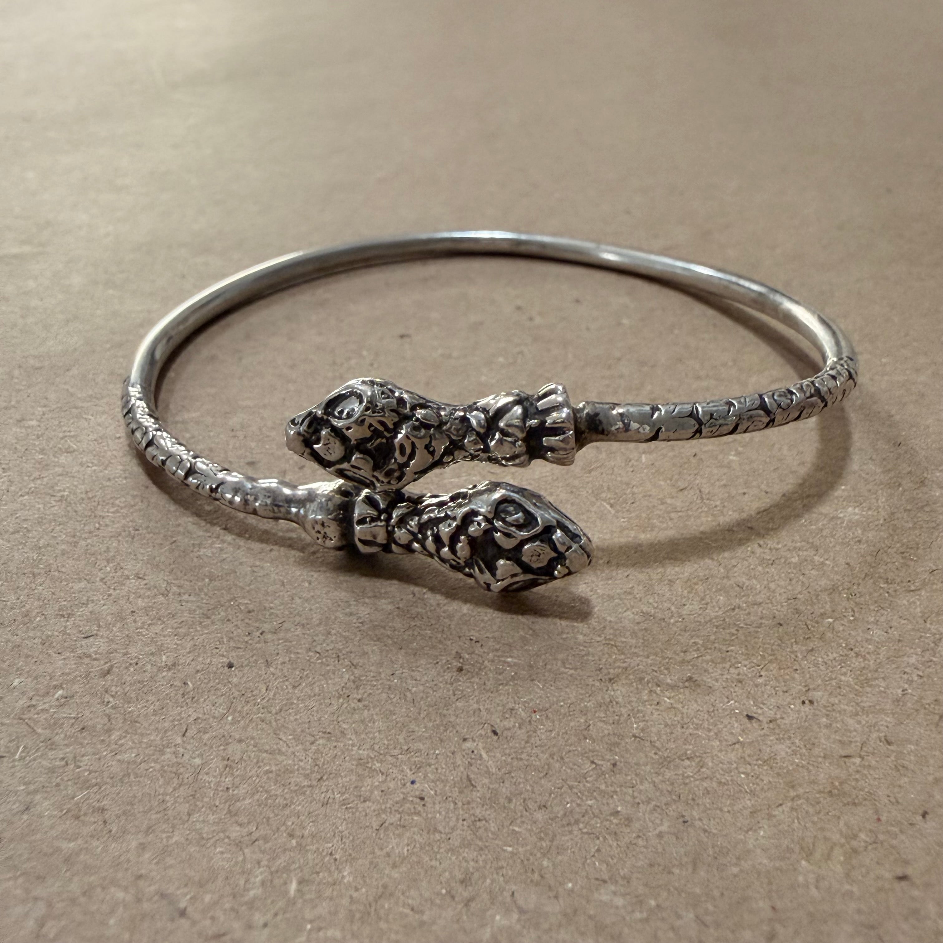 Sterling Snake Head Bypass Slip On Bangle Bracelet 8.5 in