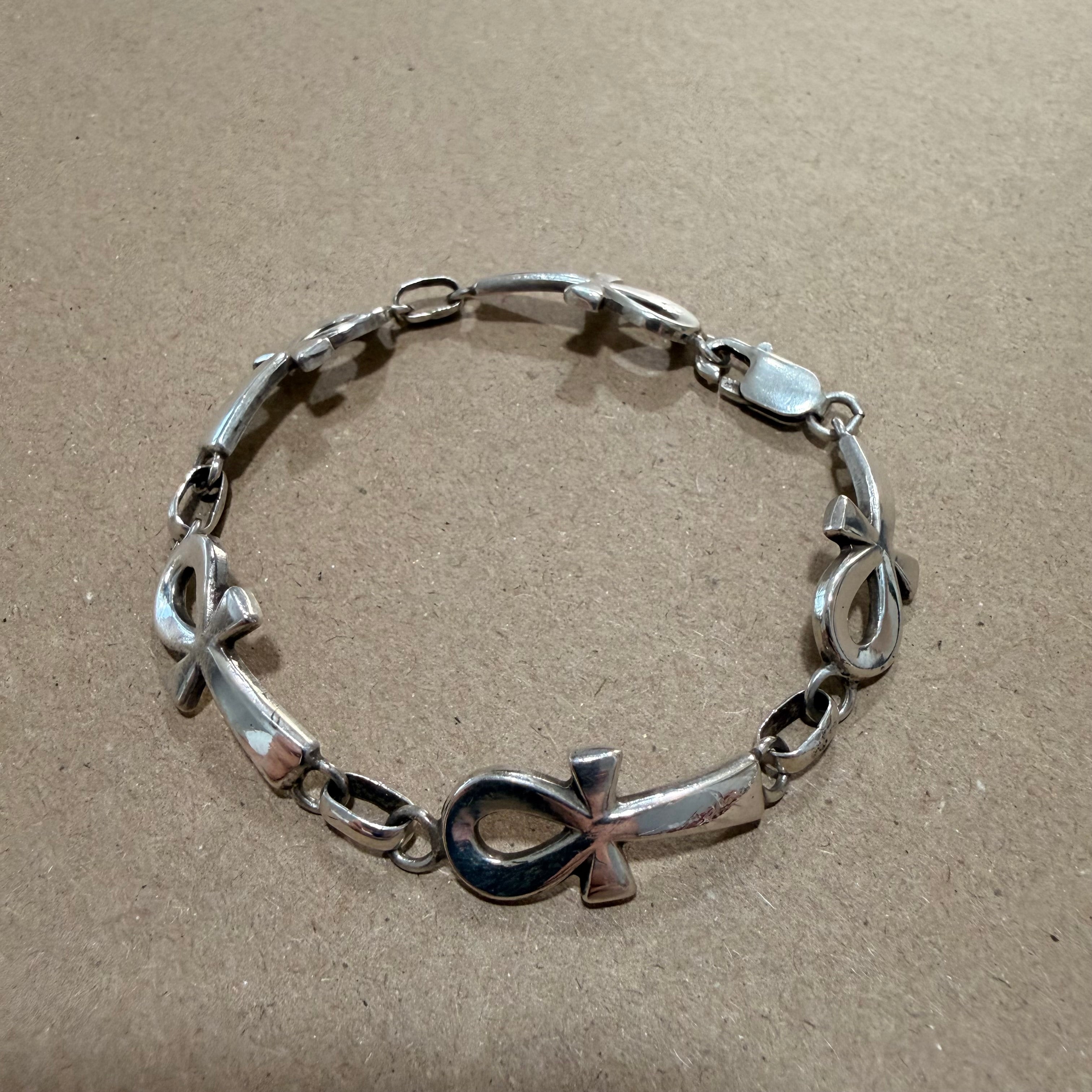 Sterling Ankh Link Bracelet 8 in