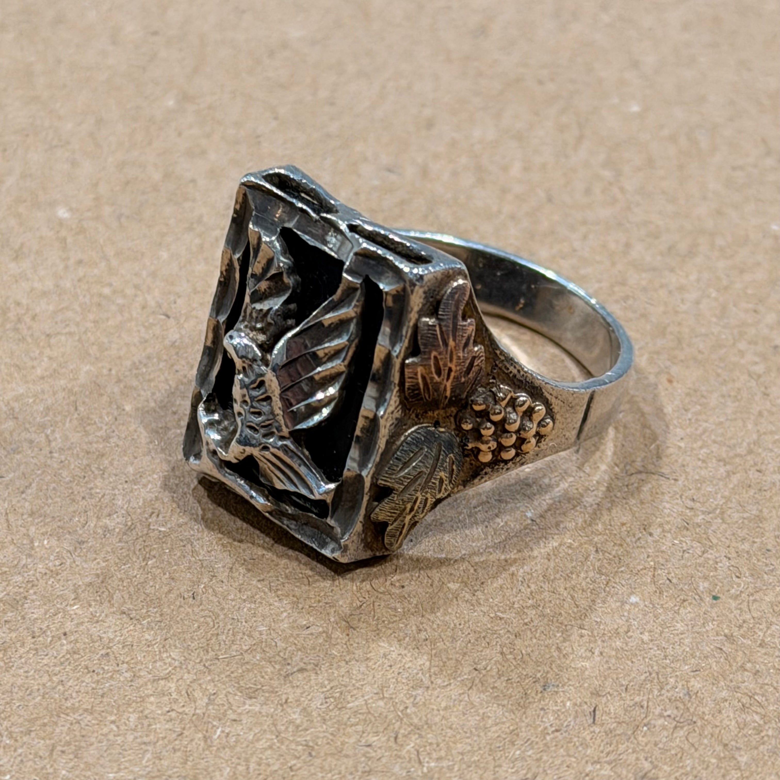 Sterling & 14k Gold Black Hills Onyx Eagle Ring Sz 11.5