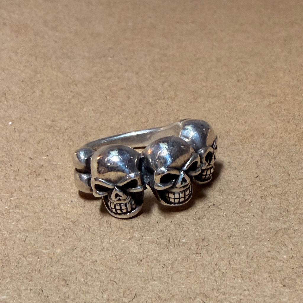 Sterling Triple Skull Biker Ring Sz 8