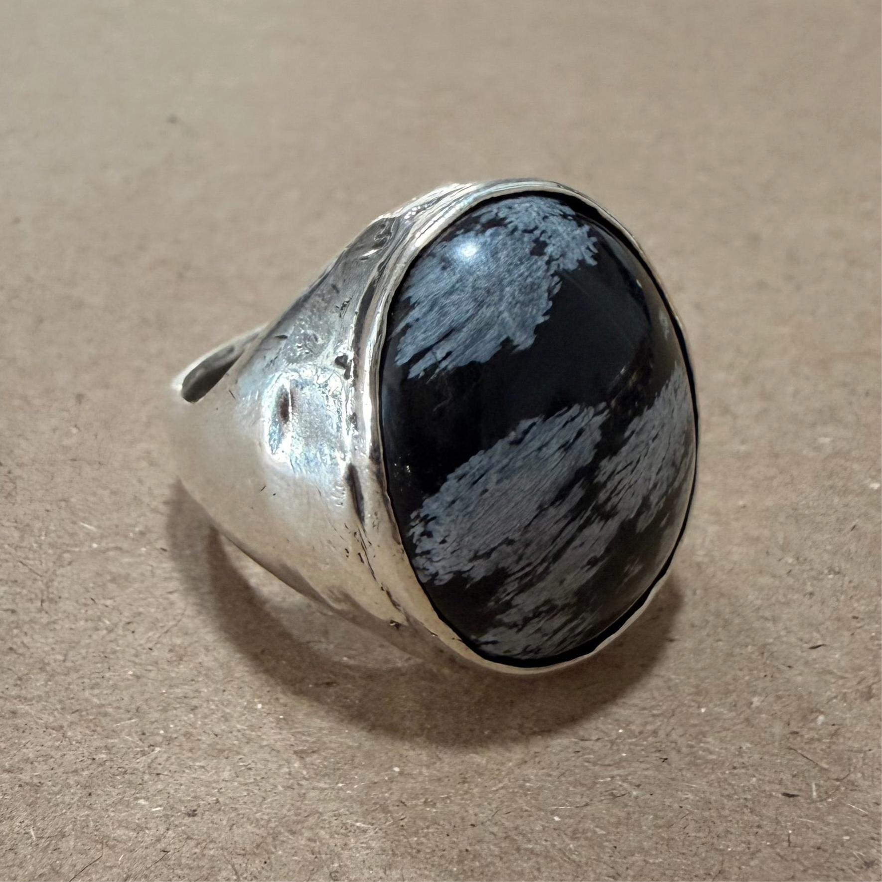 Massive Sterling Snowflake Obsidian Ring Sz 12