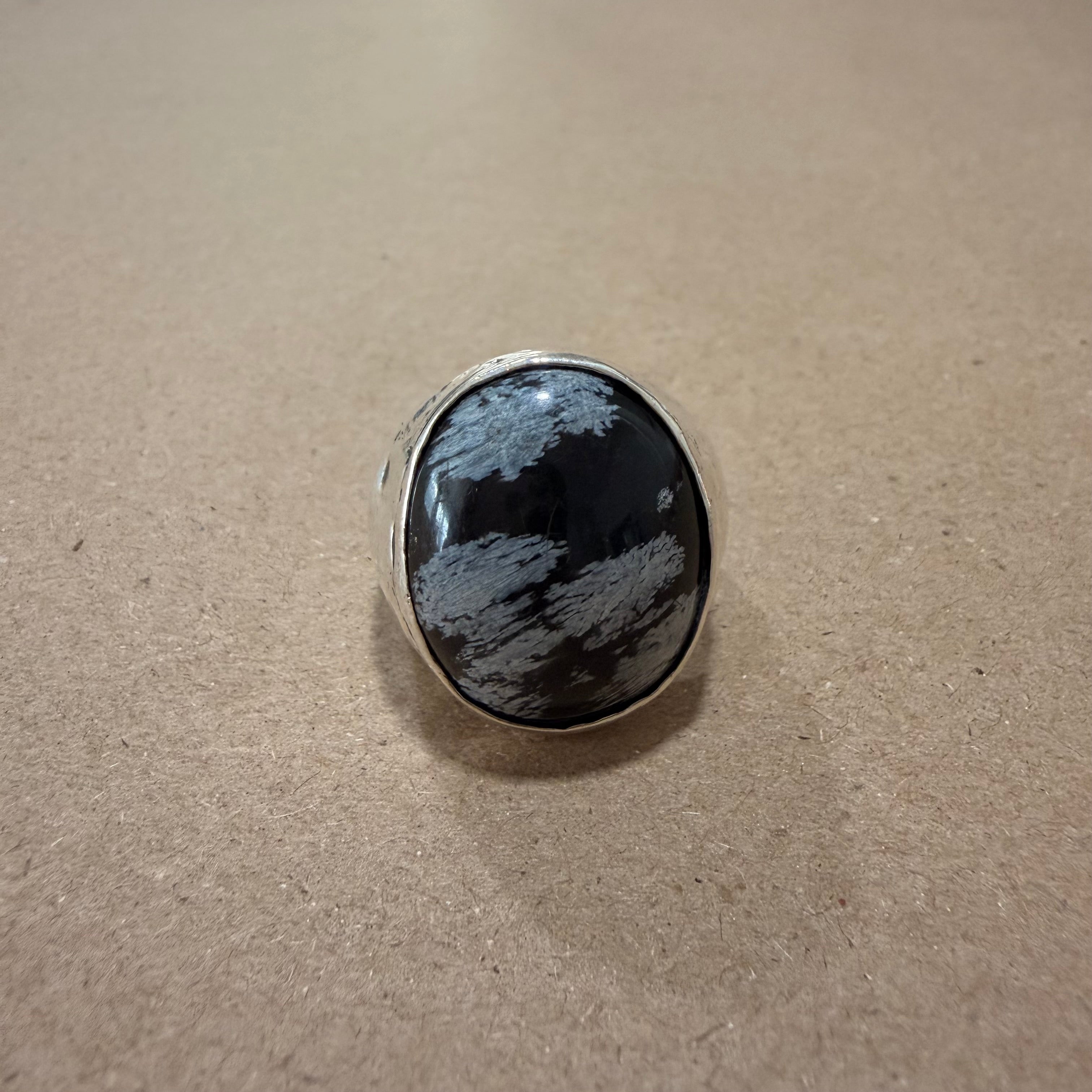 Massive Sterling Snowflake Obsidian Ring Sz 12