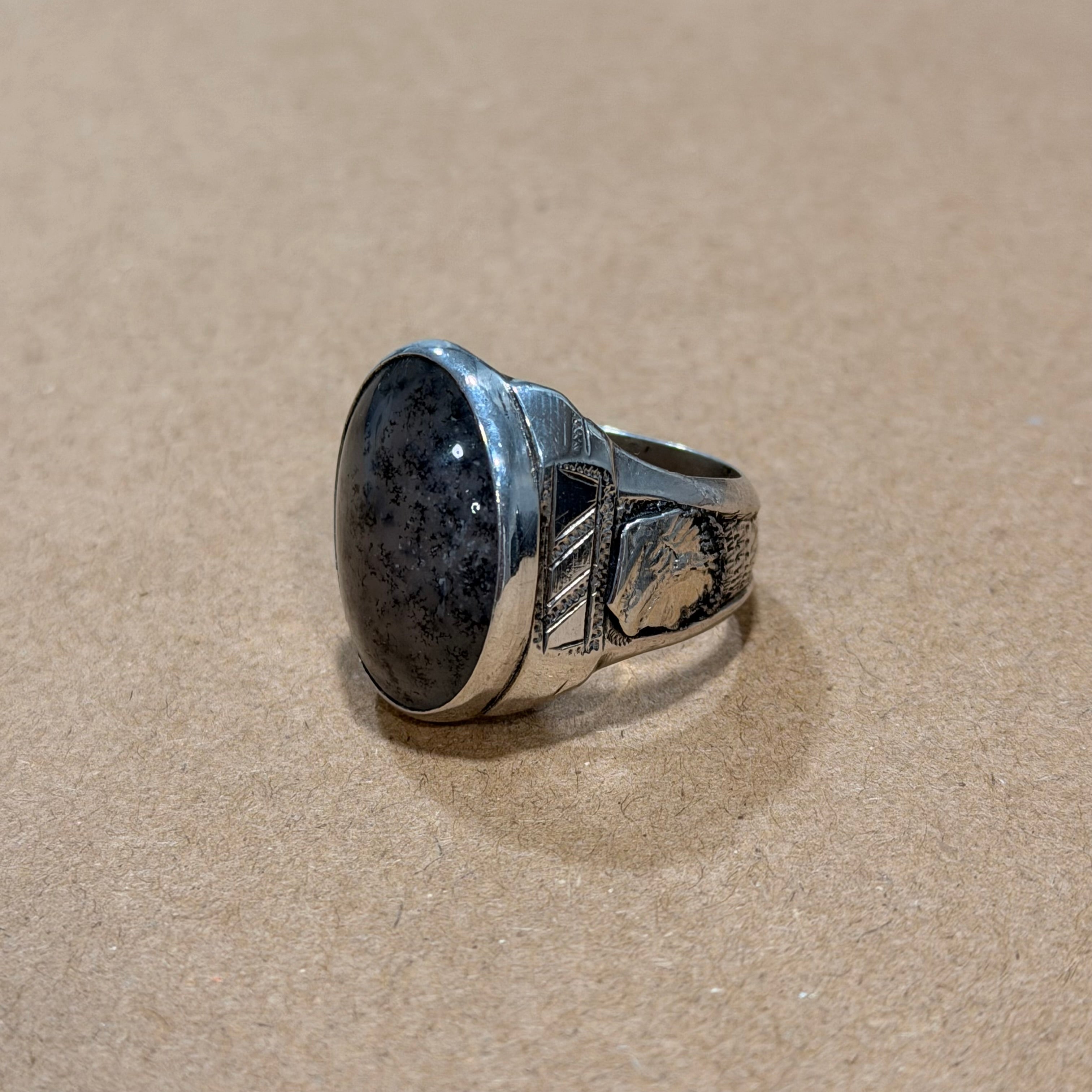 Sterling Dendritic Agate Engraved Ring Sz 10.5