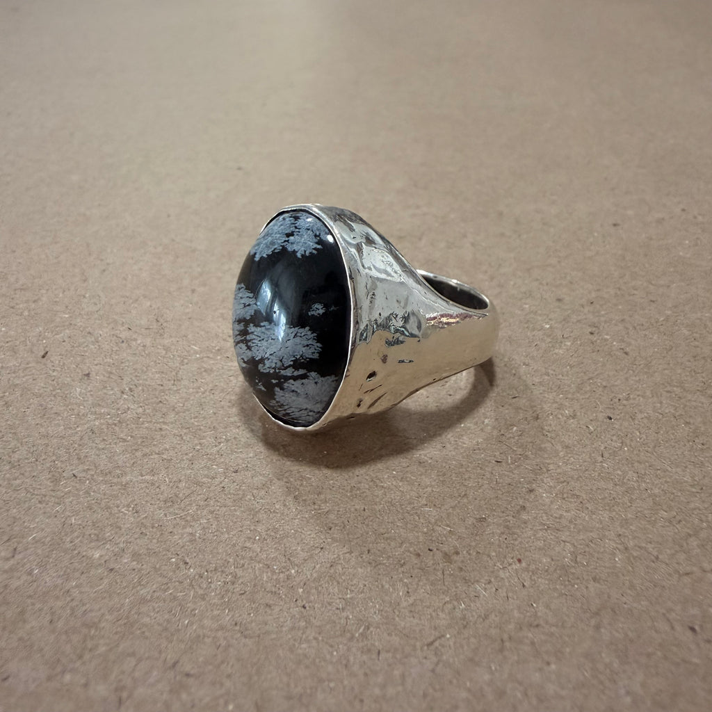 Massive Sterling Snowflake Obsidian Ring Sz 12