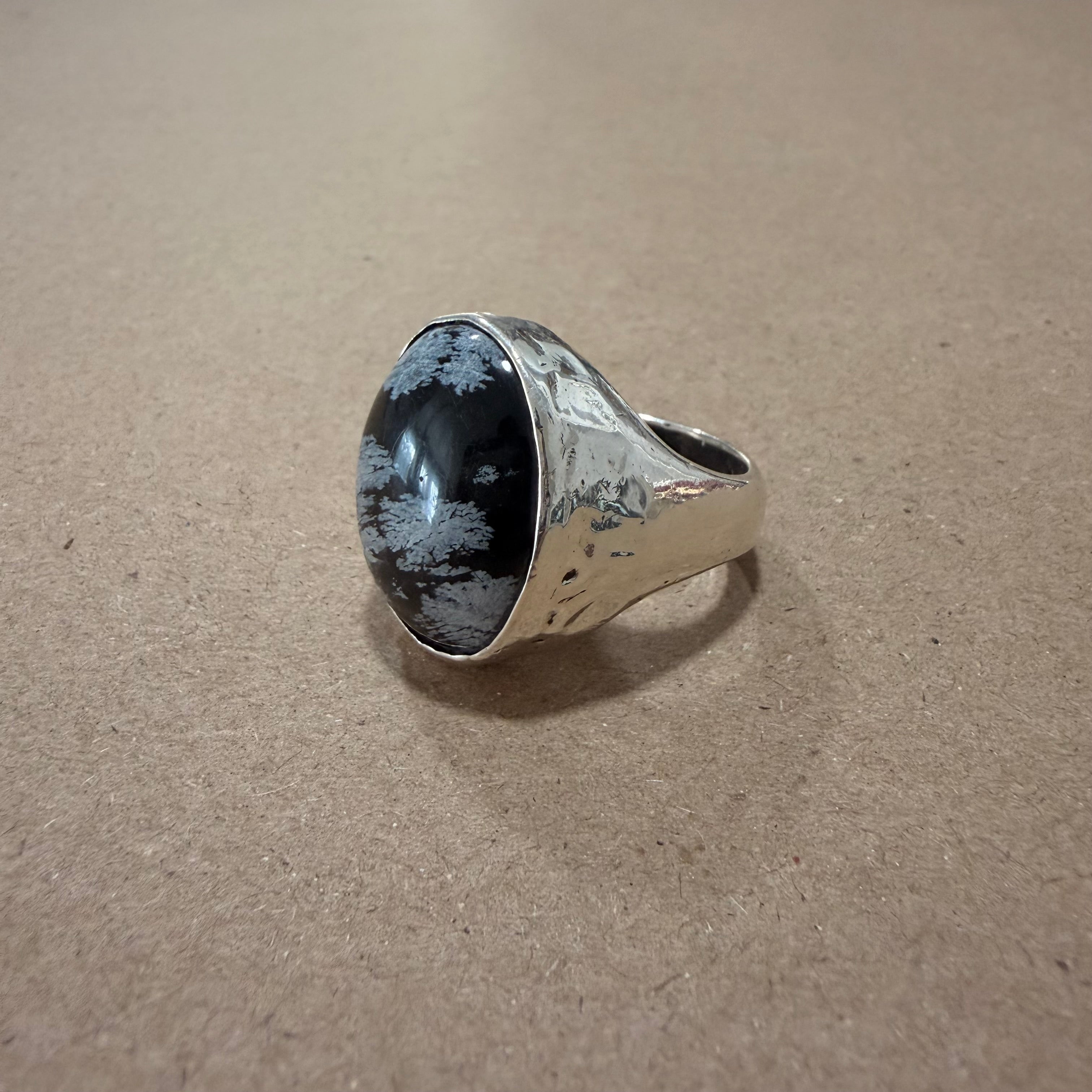 Massive Sterling Snowflake Obsidian Ring Sz 12