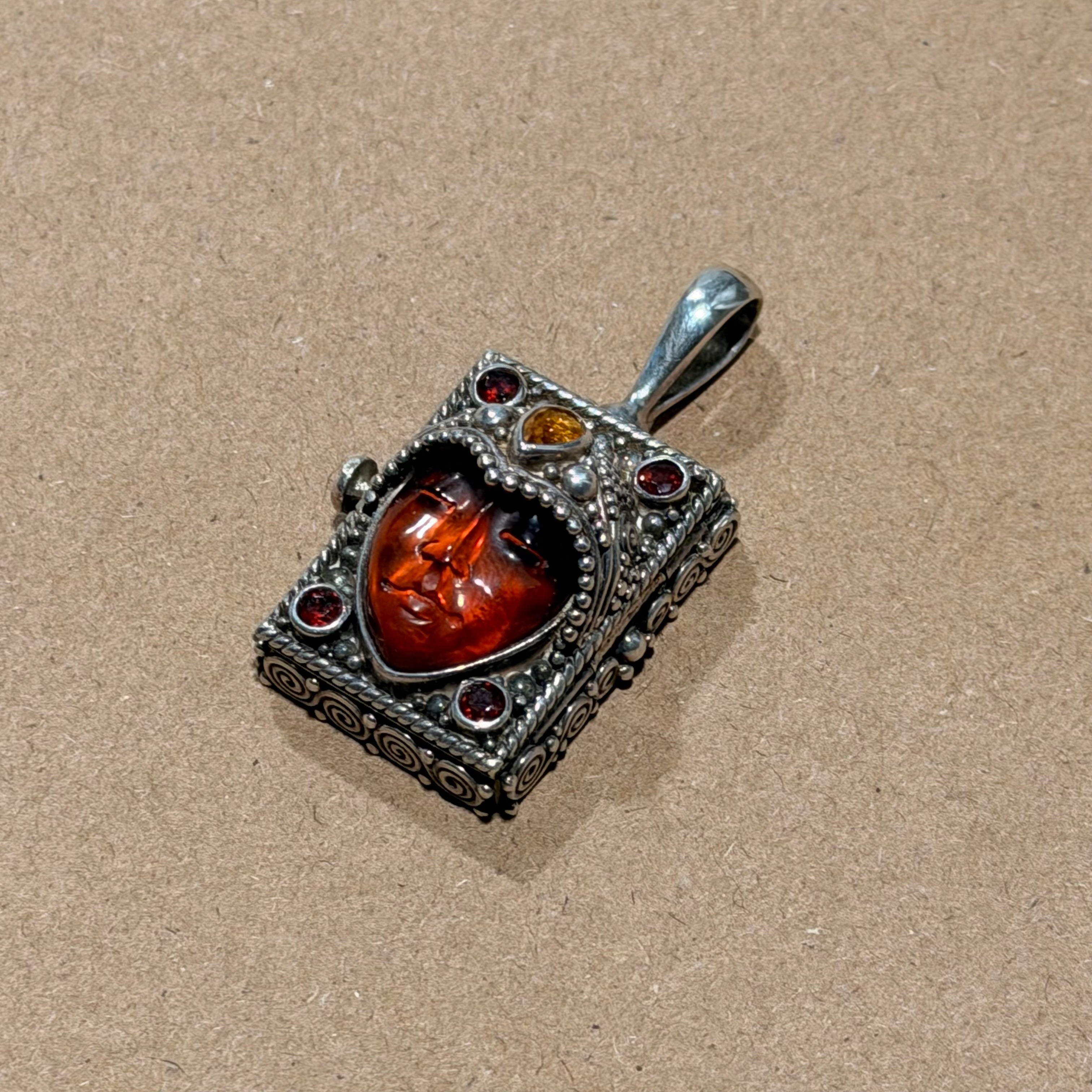 Sterling Goddess Locket Pendant W/ Amber, Garnet, & Citrine