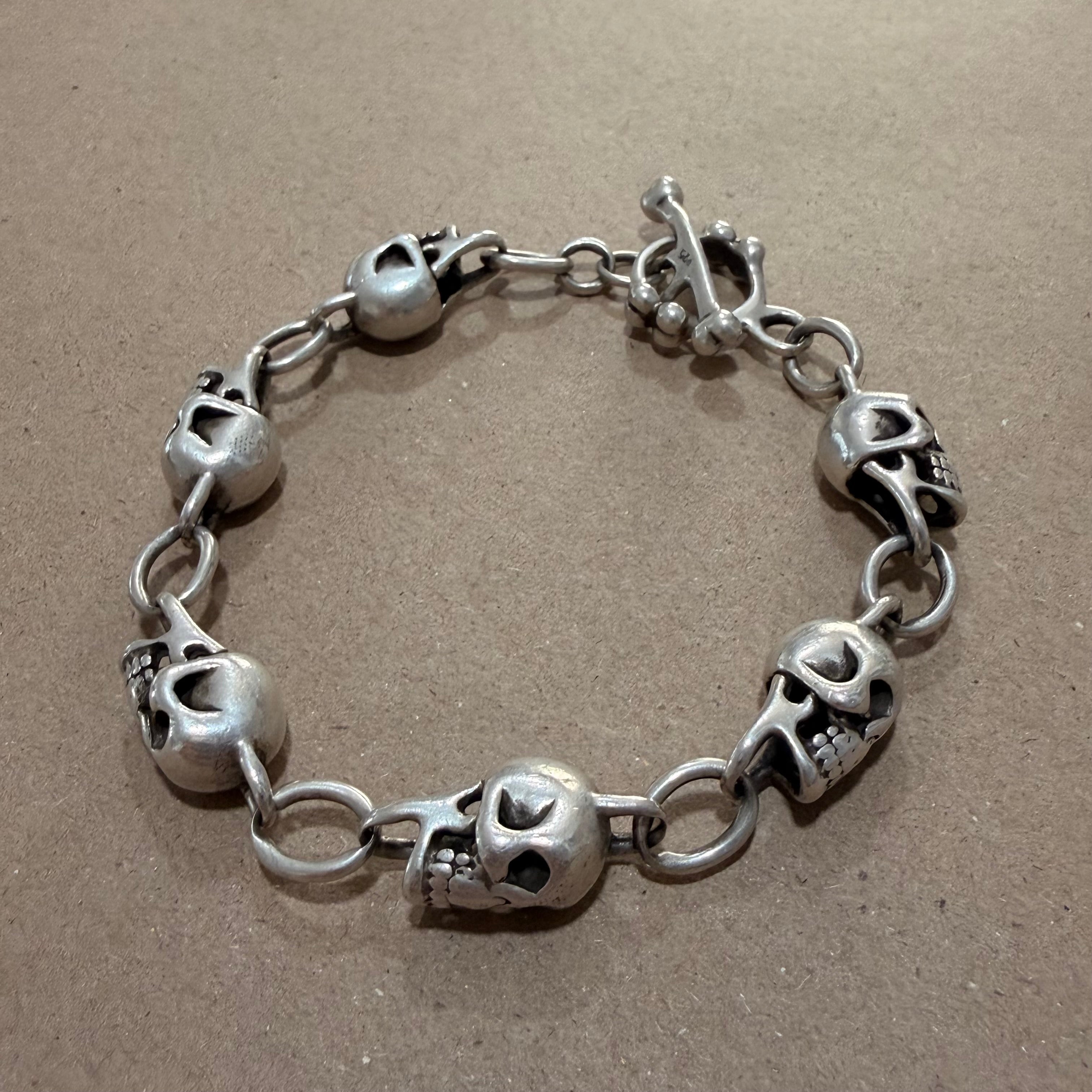 Massive Sterling Skull Link Bracelet 10.5 in