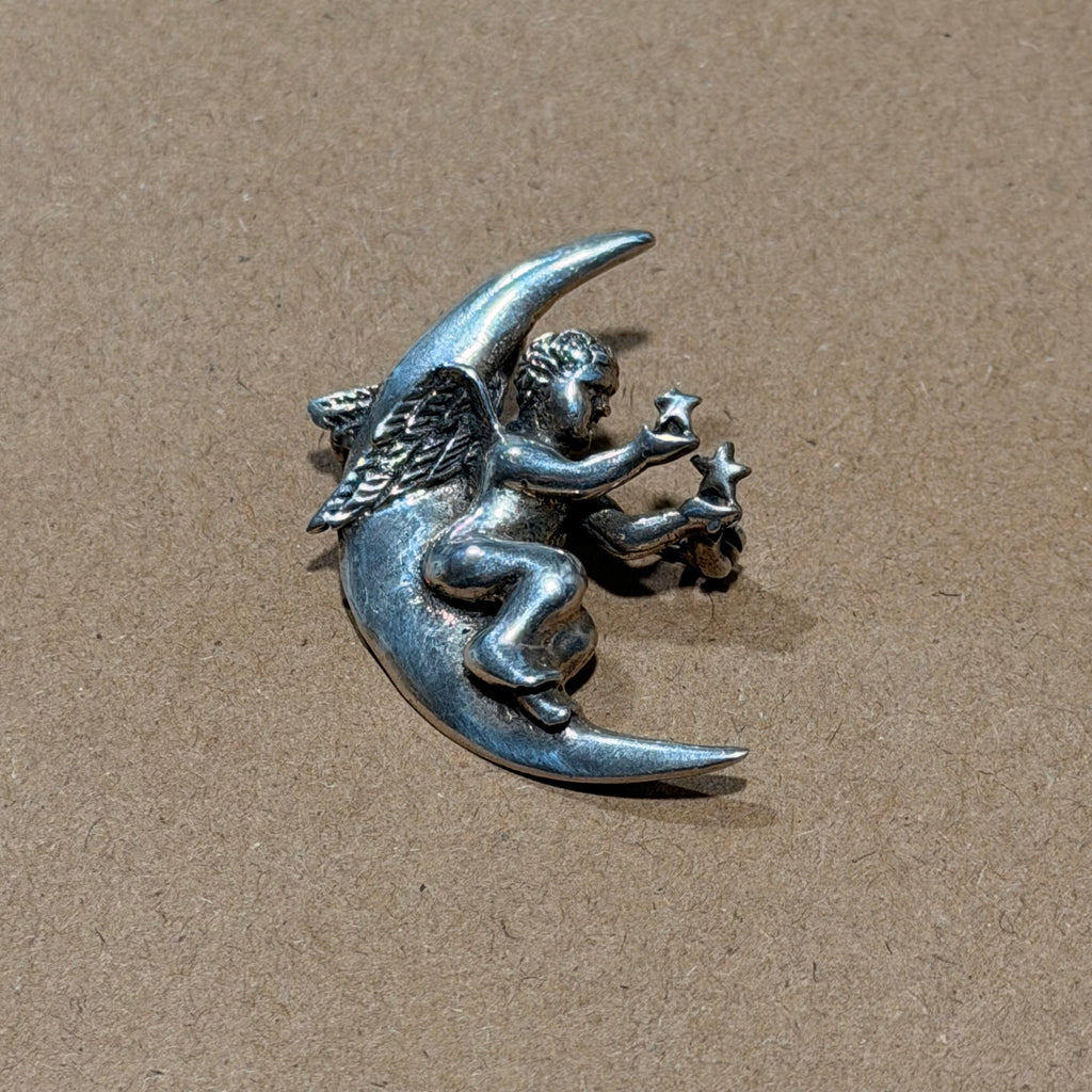 Sterling Cherub Crescent Moon Pendant & Brooch