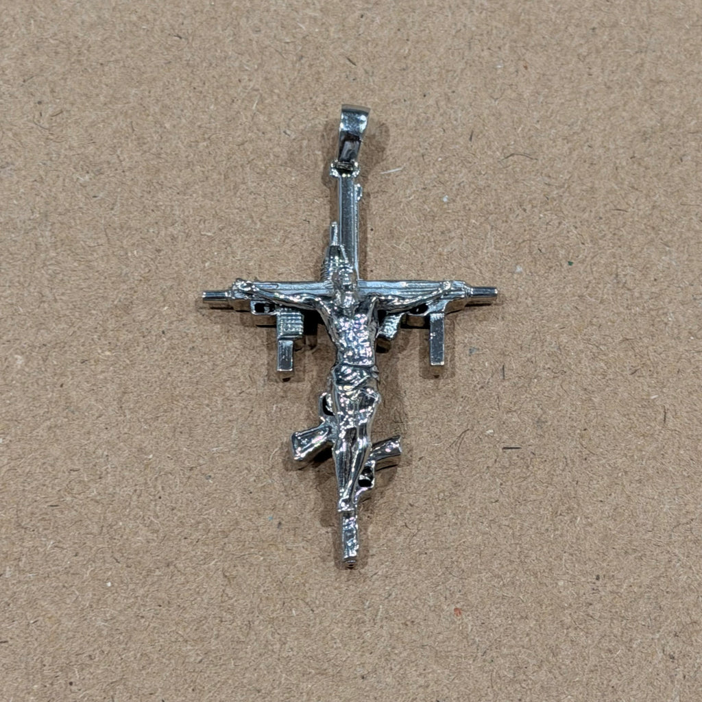 Sterling Crucifix Guns Double Sided Pendant 1.5 in
