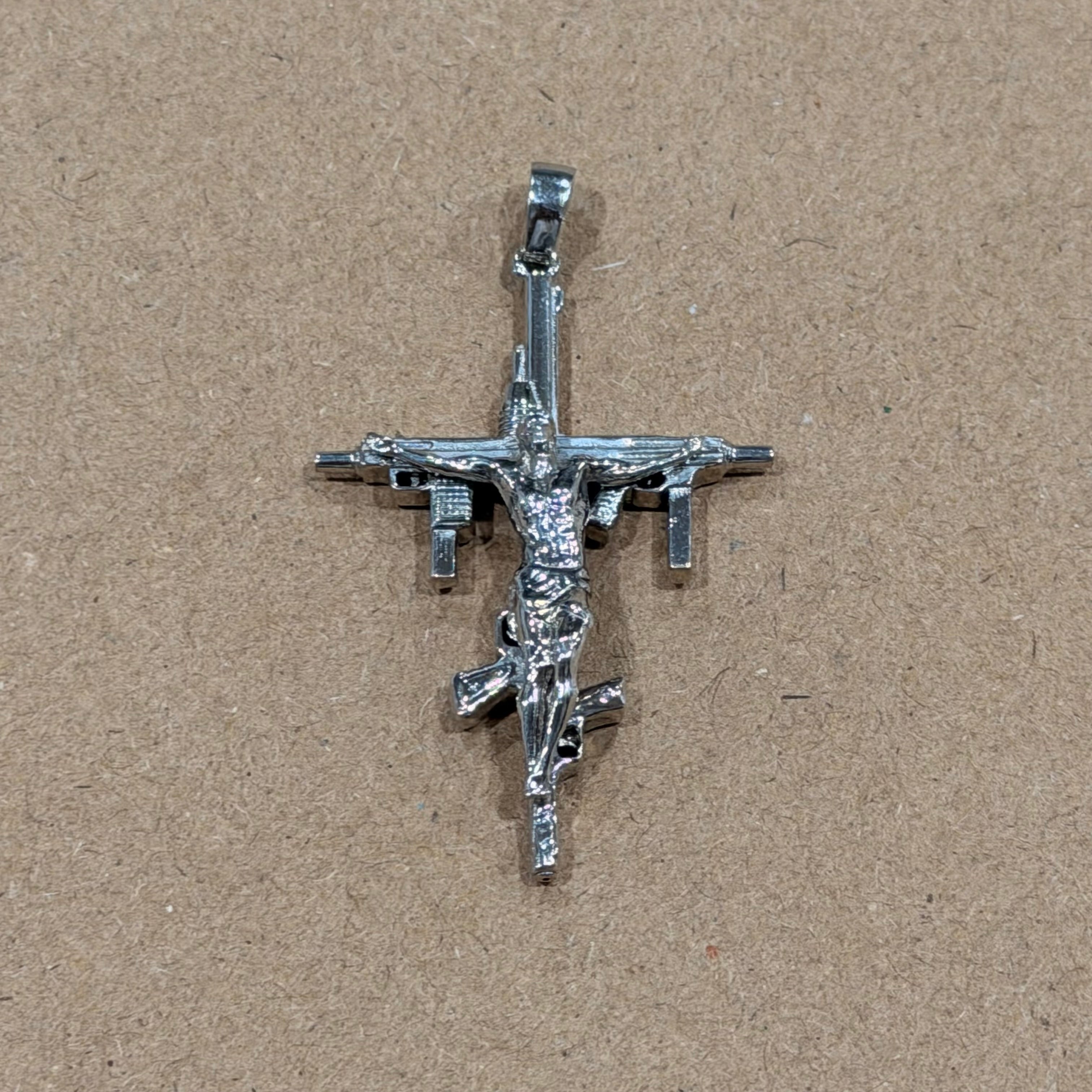 Sterling Crucifix Guns Double Sided Pendant 1.5 in