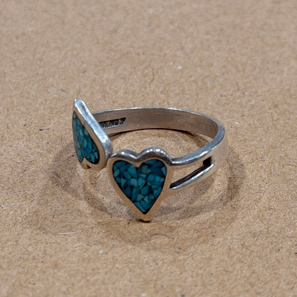 Sterling Turquoise Double Heart Ring Sz 8