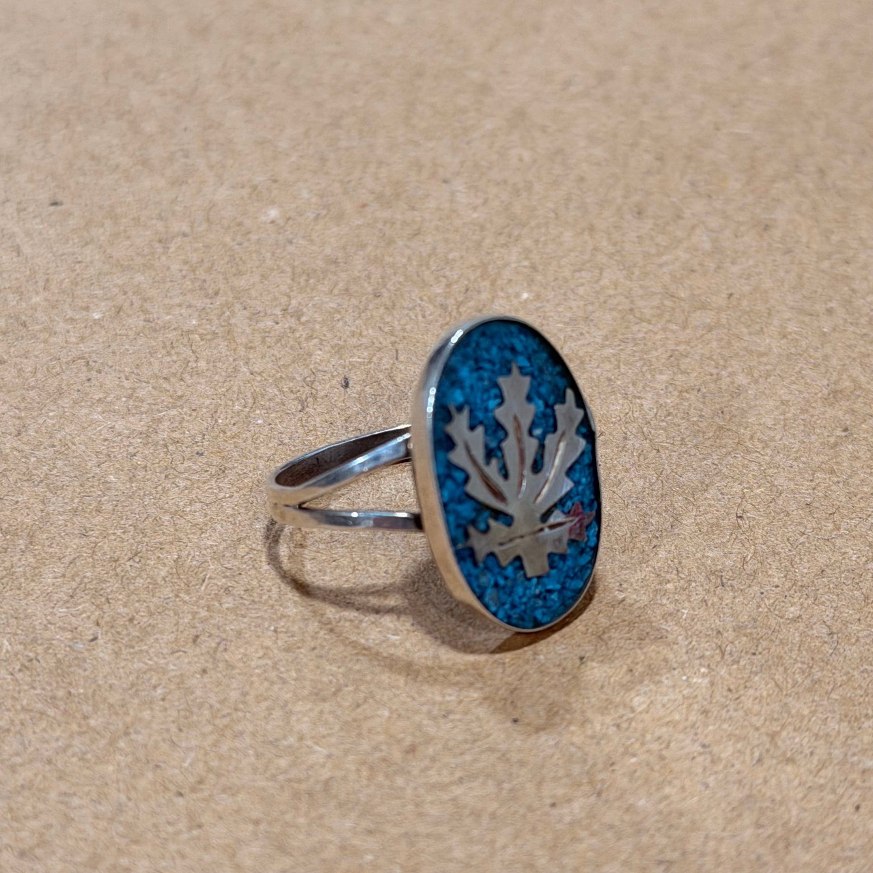 Sterling Crushed Turquoise Weed Leaf Ring Sz 6