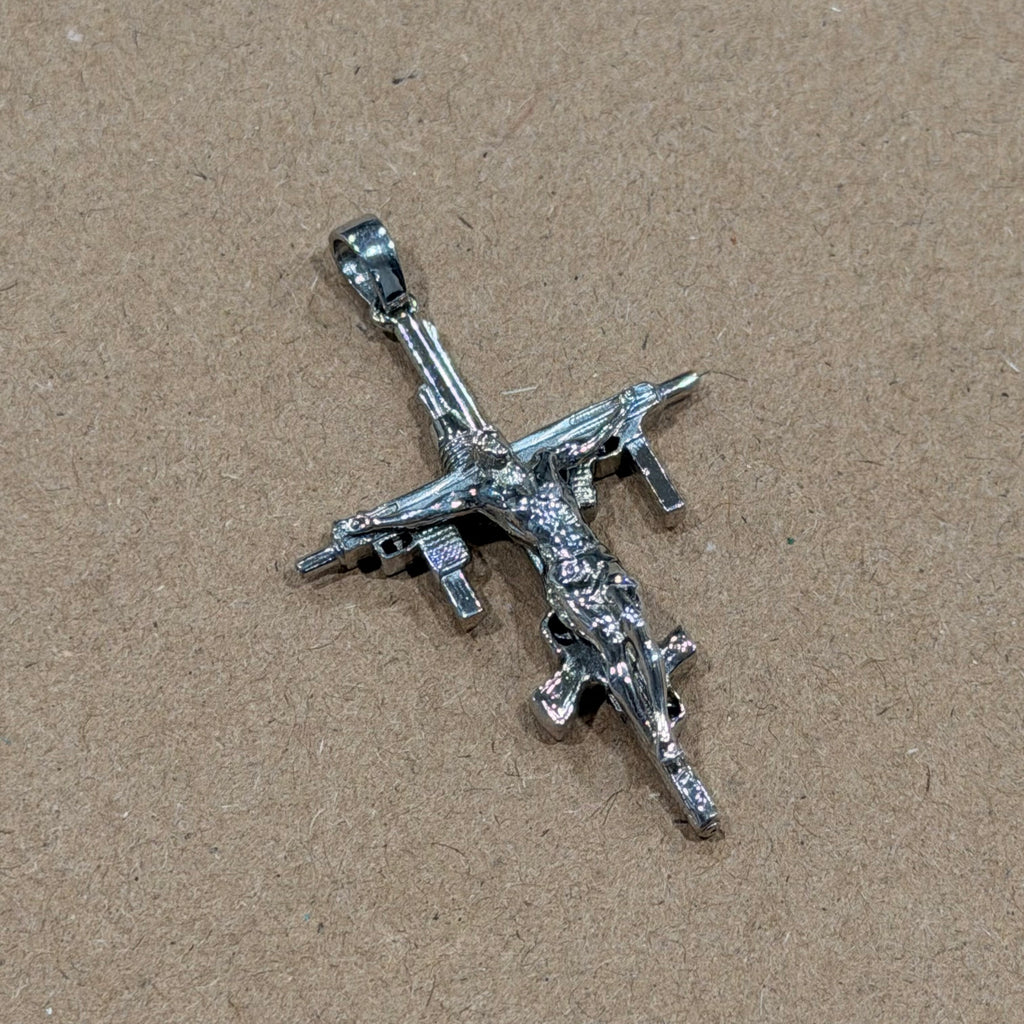 Sterling Crucifix Guns Double Sided Pendant 1.5 in