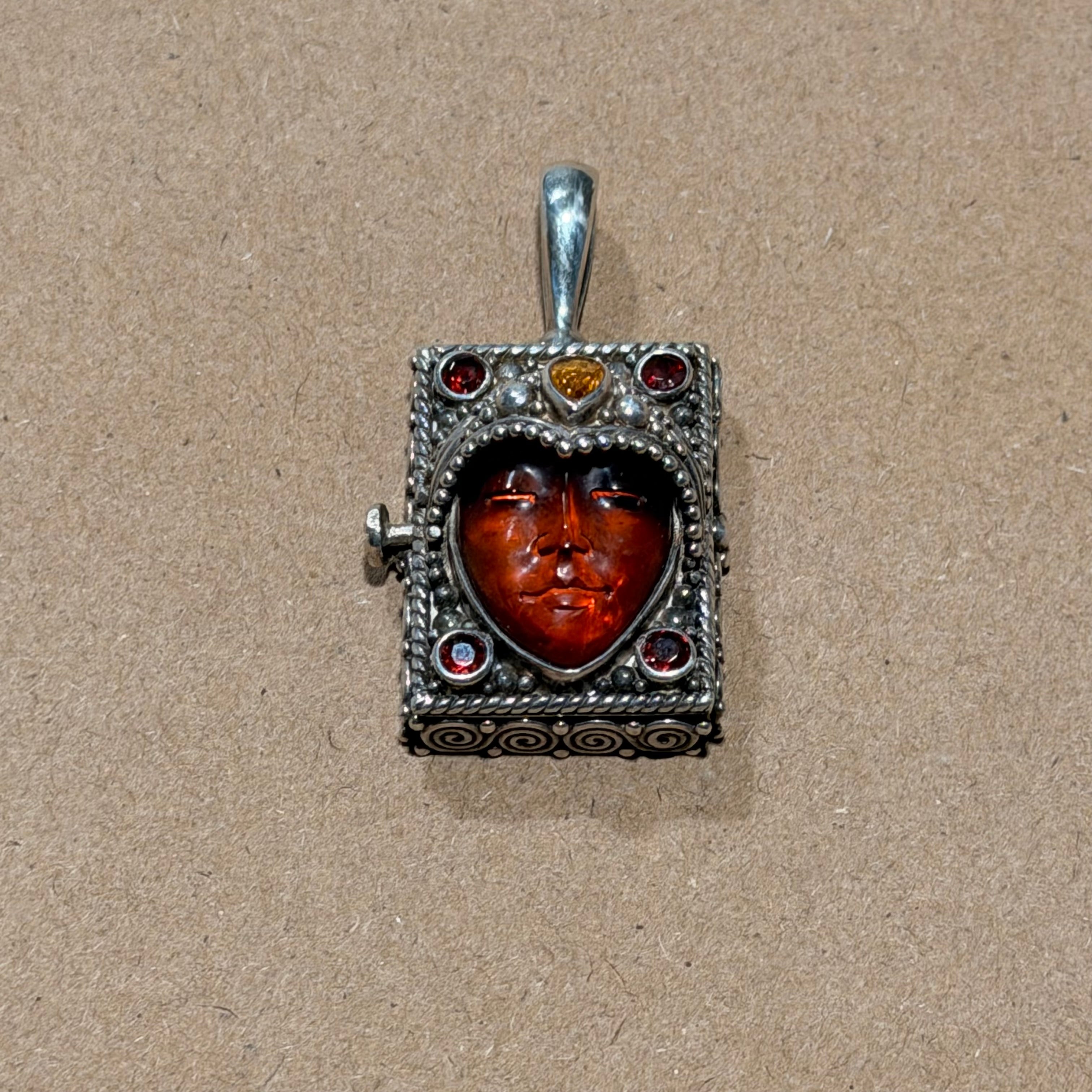 Sterling Goddess Locket Pendant W/ Amber, Garnet, & Citrine