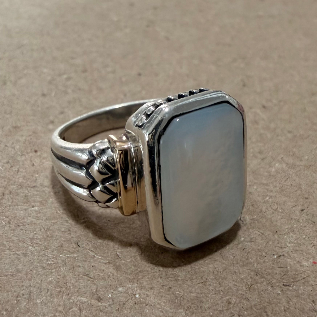 Mother Of Pearl Sterling & 14K Gold Ornate Ring Sz 7